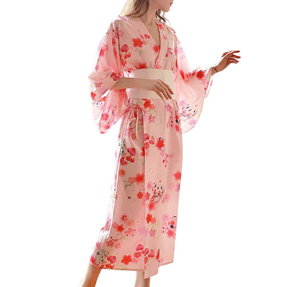 HongH HongH Women's Floral Print Traditional Japanese Kimono Goldfish Obi Blossom Yukata Costume Set Belt Robe, 04# Long Pink, Large