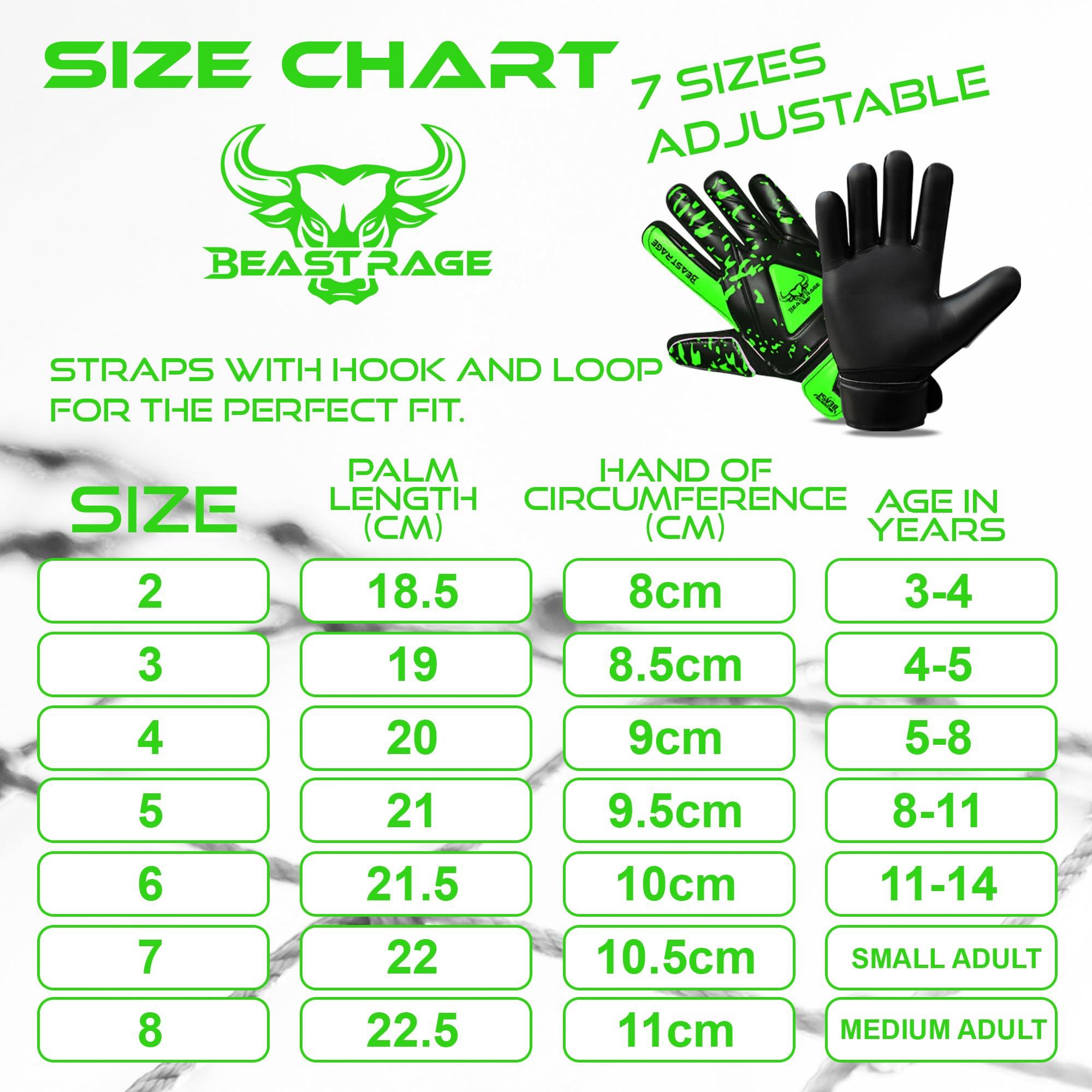 BEAST RAGE BEAST RAGE Goalkeeper Gloves for Kids Support Grip Youth Football Glove Kid Junior Soccer Glove for Kid 6-15 Men Adult Boys Football Gloves (Green, Size 8 for (M/L Adult))