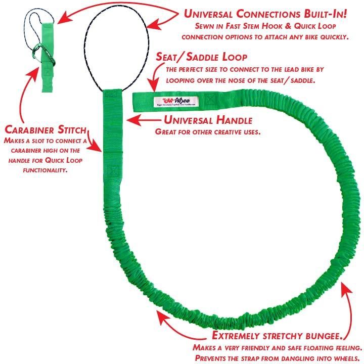 TowWhee TowWhee - E-Bike/Adult Connect Strap Bike Bungee Tow Rope | MTB & Cycling Stretch Pull Strap | Compatible with Any Bicycle | Ride Further (Adult Green Connect Strap) - Made in The USA