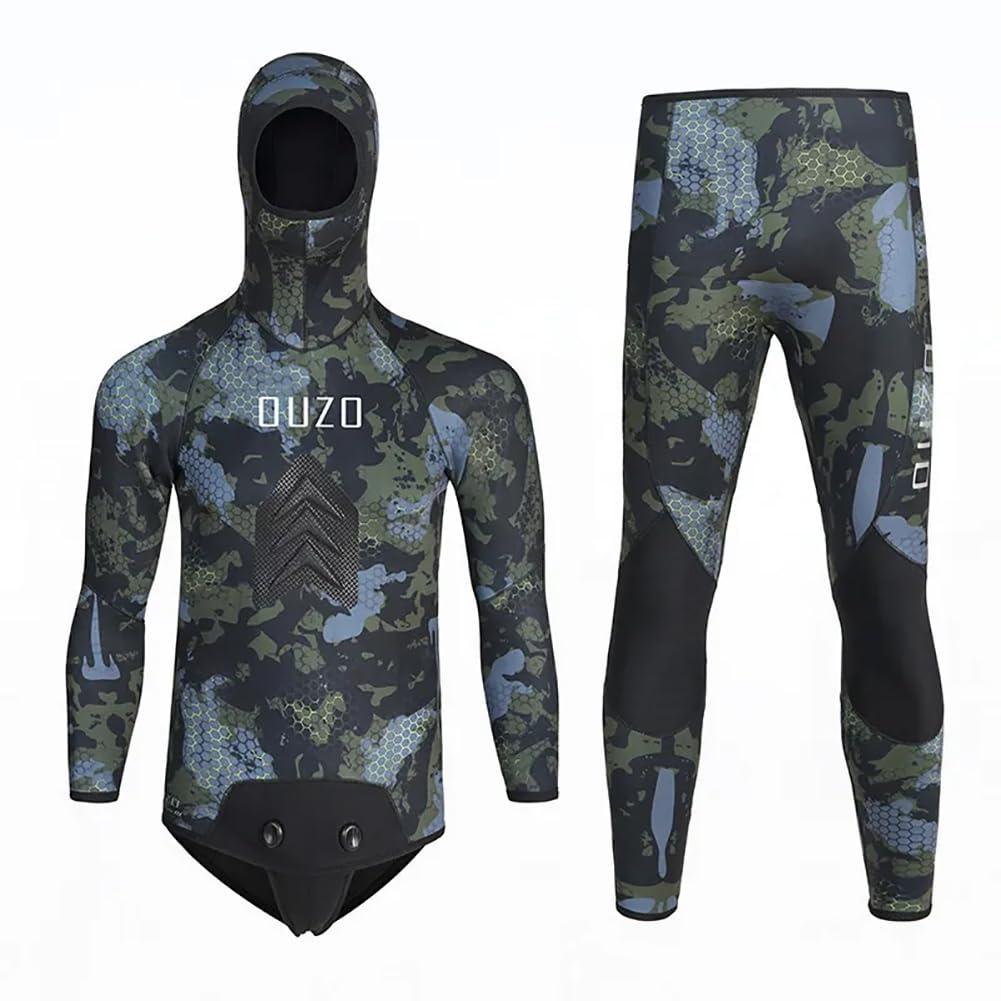 WYYHAA WYYHAA 3.5MM Neoprene Spearfishing Wetsuit with Hooded, 2 Pieces Camouflage Hunting Diving Suit with Loading Chest Pad for Cool Water Freediving Snorkeling Swimming,Green,XXL