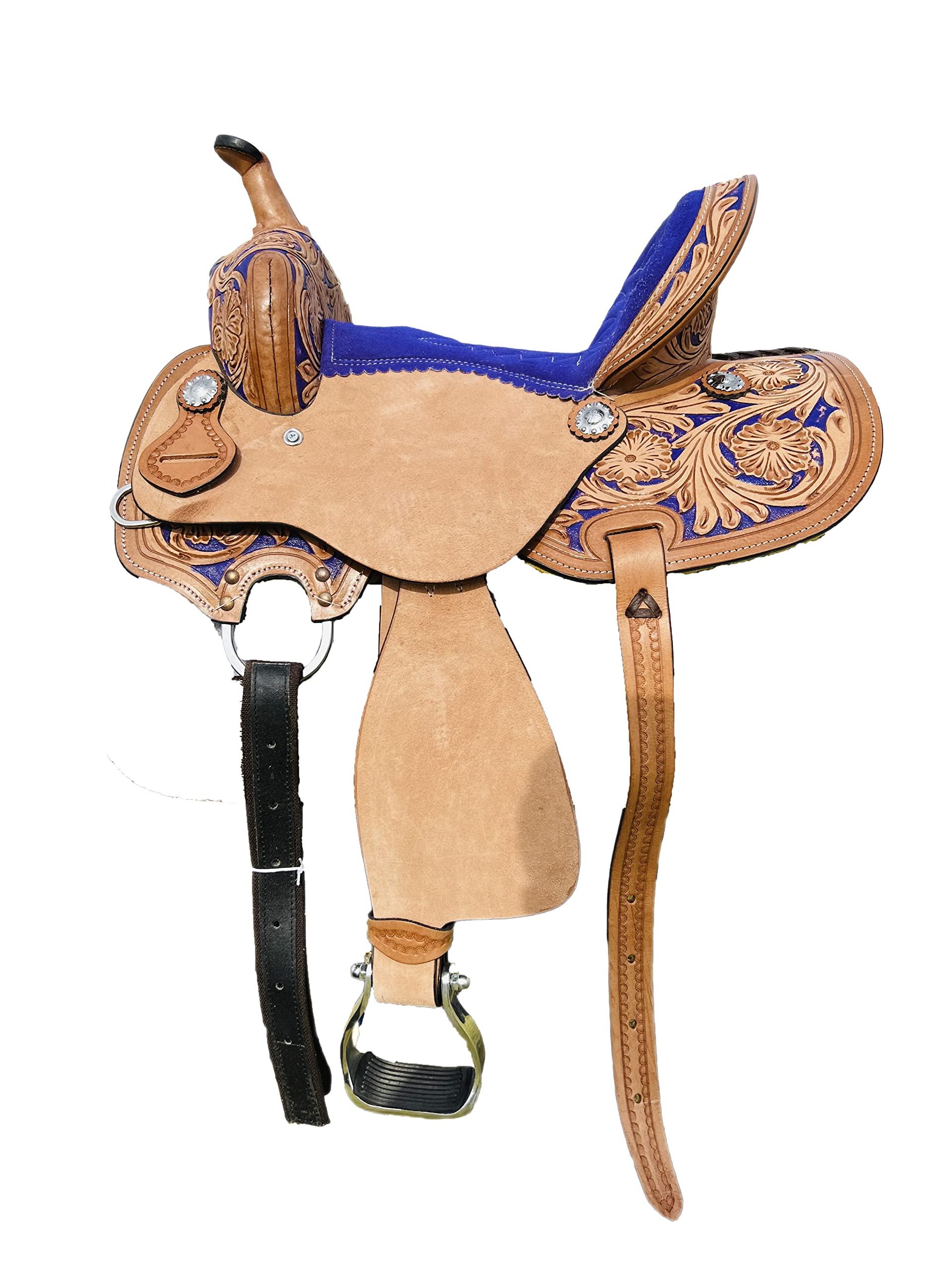 RESISTANCE RESISTANCE Western Kids Horse Barrel Saddle for Horse Riding, Western Youth Child Genuine Leather Saddle Floral Tooled Trail Saddle with Silver Conchos (Purple, 10")