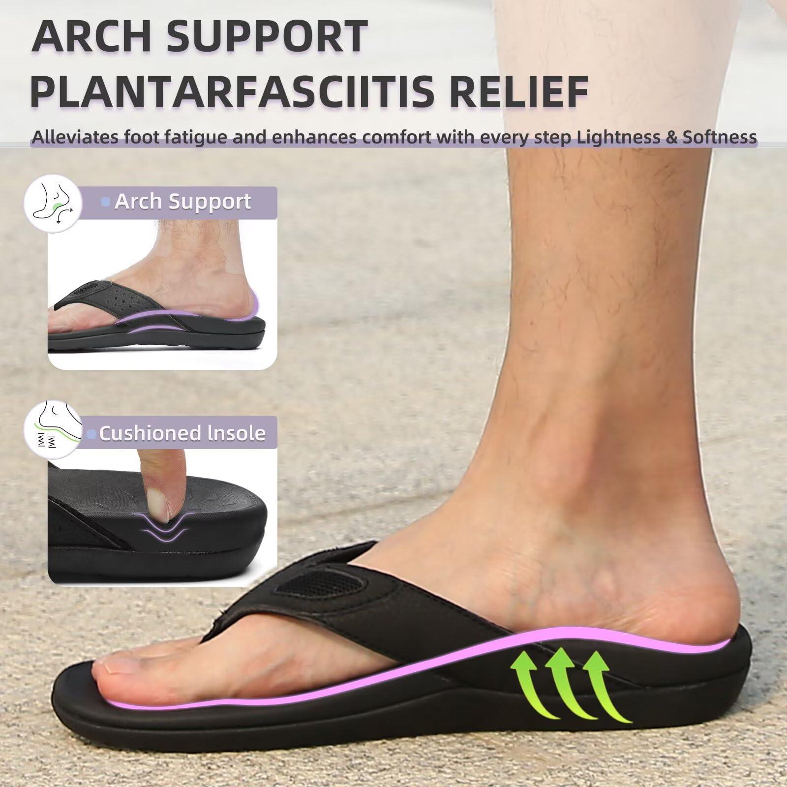 MEGNYA MEGNYA Mens Orthopedic Walking Sandals with Arch Support Flat Feet Flip Flops Thong for Plantar Fasciitis Pain Casual Outdoor Sport pure black Size 9