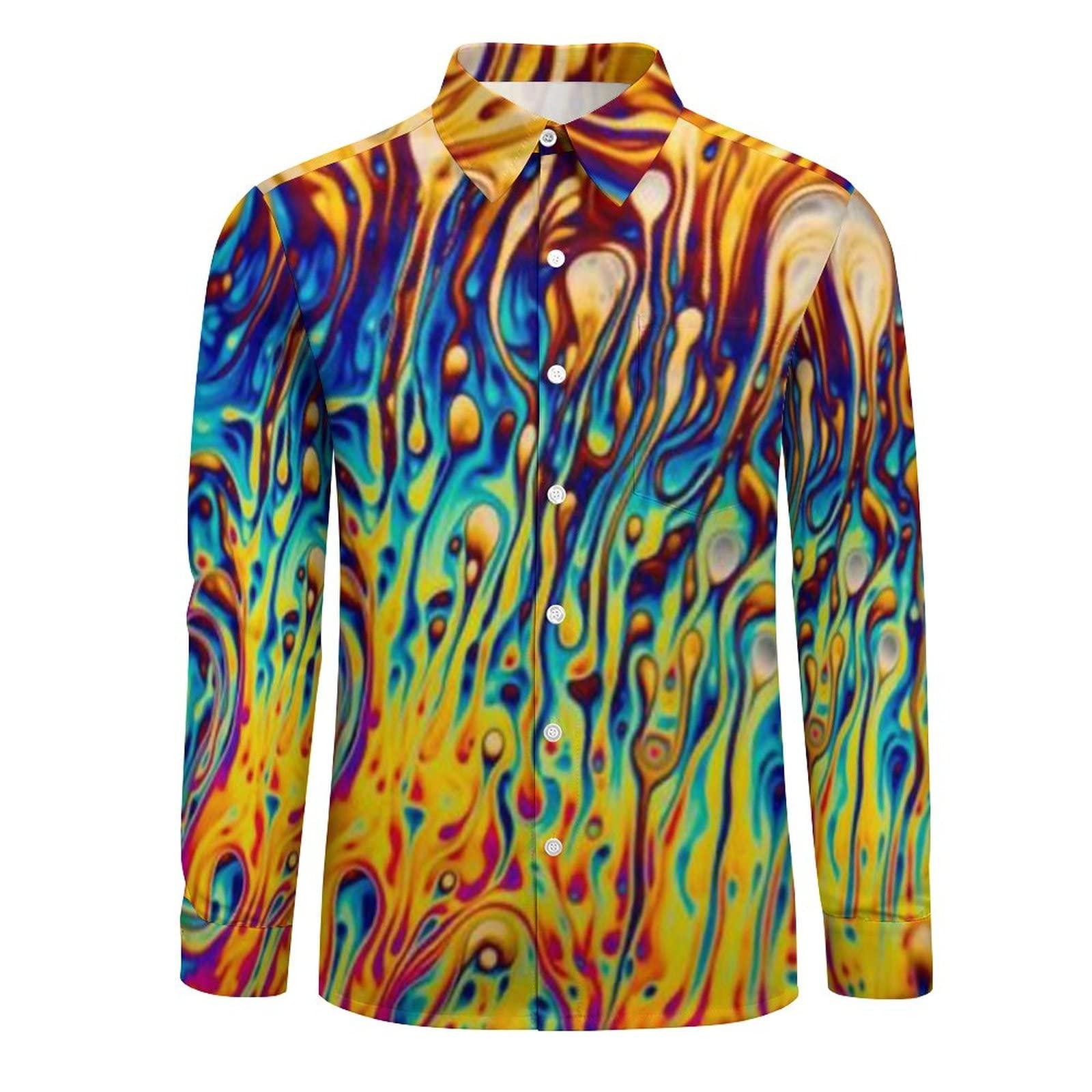 FORSJHSA Psychedelic Trippy Men's Casual Long Sleeve Button Down Shirts Regular-Fit with Pocket