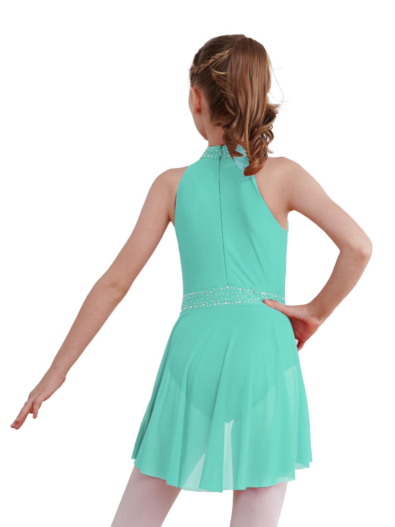 JEATHA JEATHA Kids Girls Rhinestone Sleeveless Mock Neck Roller Skating Dress Gymnastic Leotard Ballet Dance Costume Mint Green B 16