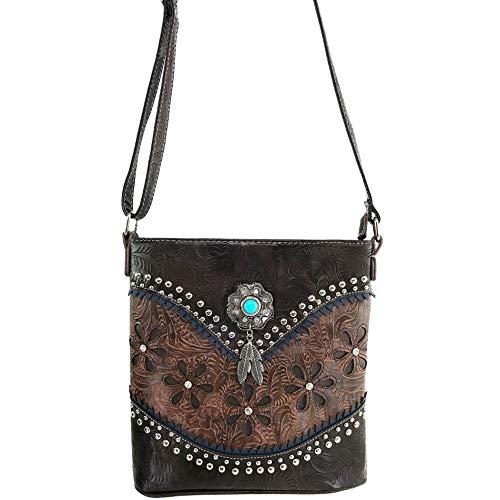 Zelris Zelris Floral Western Pu Tooled Leather Turquoise Concho Feathers Women Concealed Carry Crossbody Messenger Bag (Brown)