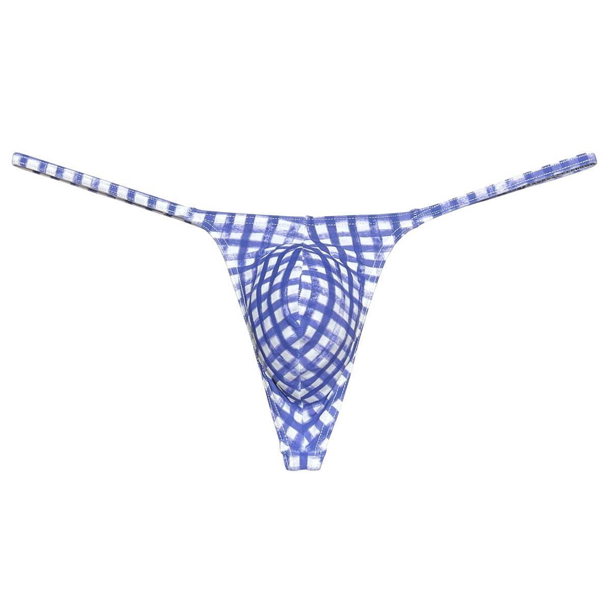 Botmois Men's Micro G-Strings Bikini Underwear Male Slim Pouch Swim Thong Minimal Coverage Posing Tangas Spandex T-back 2-Pack(Big Red Stripe,Scrawl Plaid) M