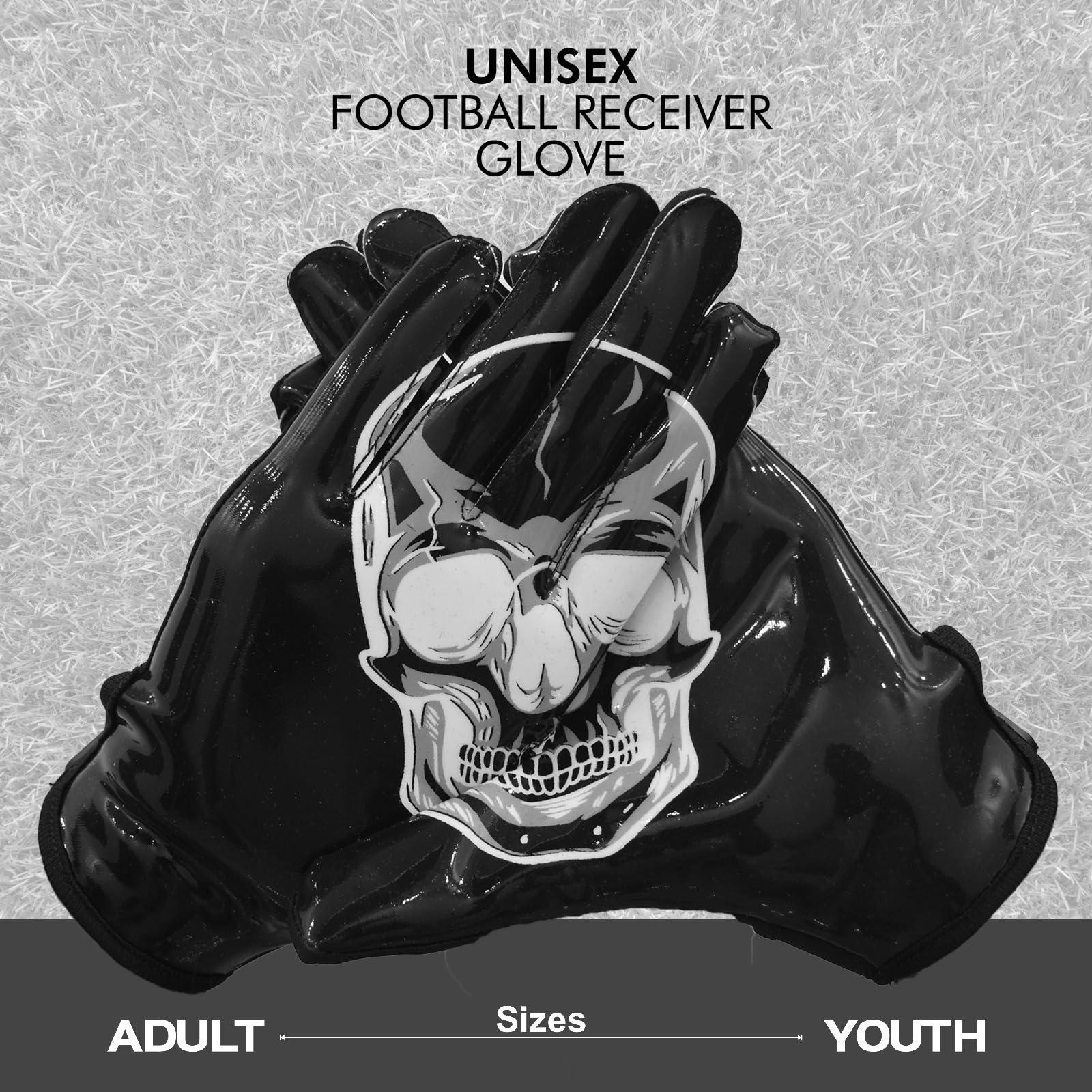 SAHO Skull Football Gloves - Tacky Grip Skin Tight Enhanced Performance Football Gloves - Skeleton Pro Elite Super Sticky Receiver American Football Gloves - Adult & Youth Sizes Black Color (Adult L)