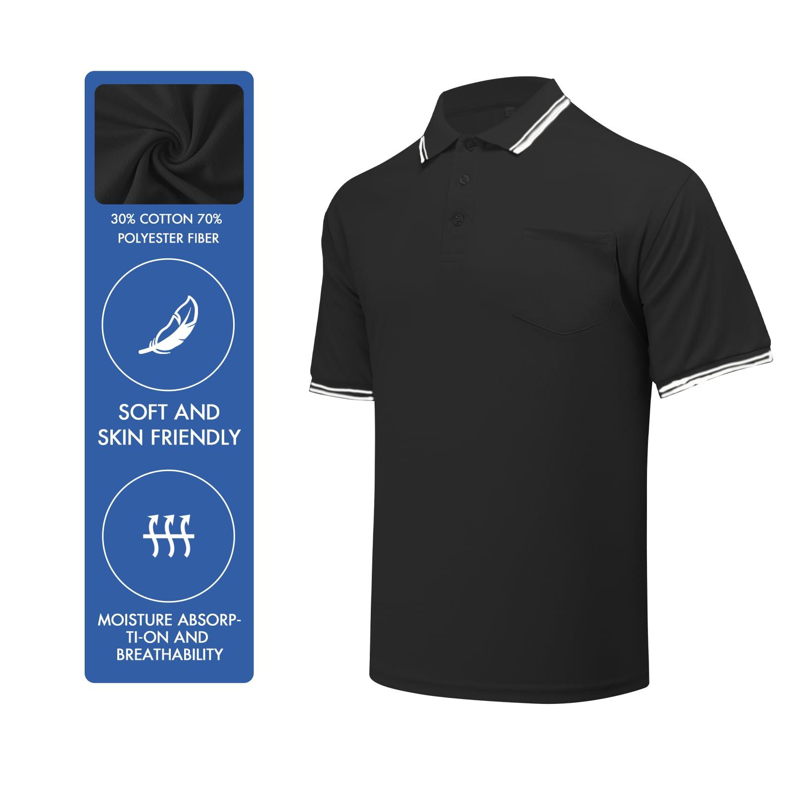 redgino Men's Baseball Softball Umpire Shirt Short Sleeve Polo Ref Jersey Referee Gear - Sized for Chest Protector Black L