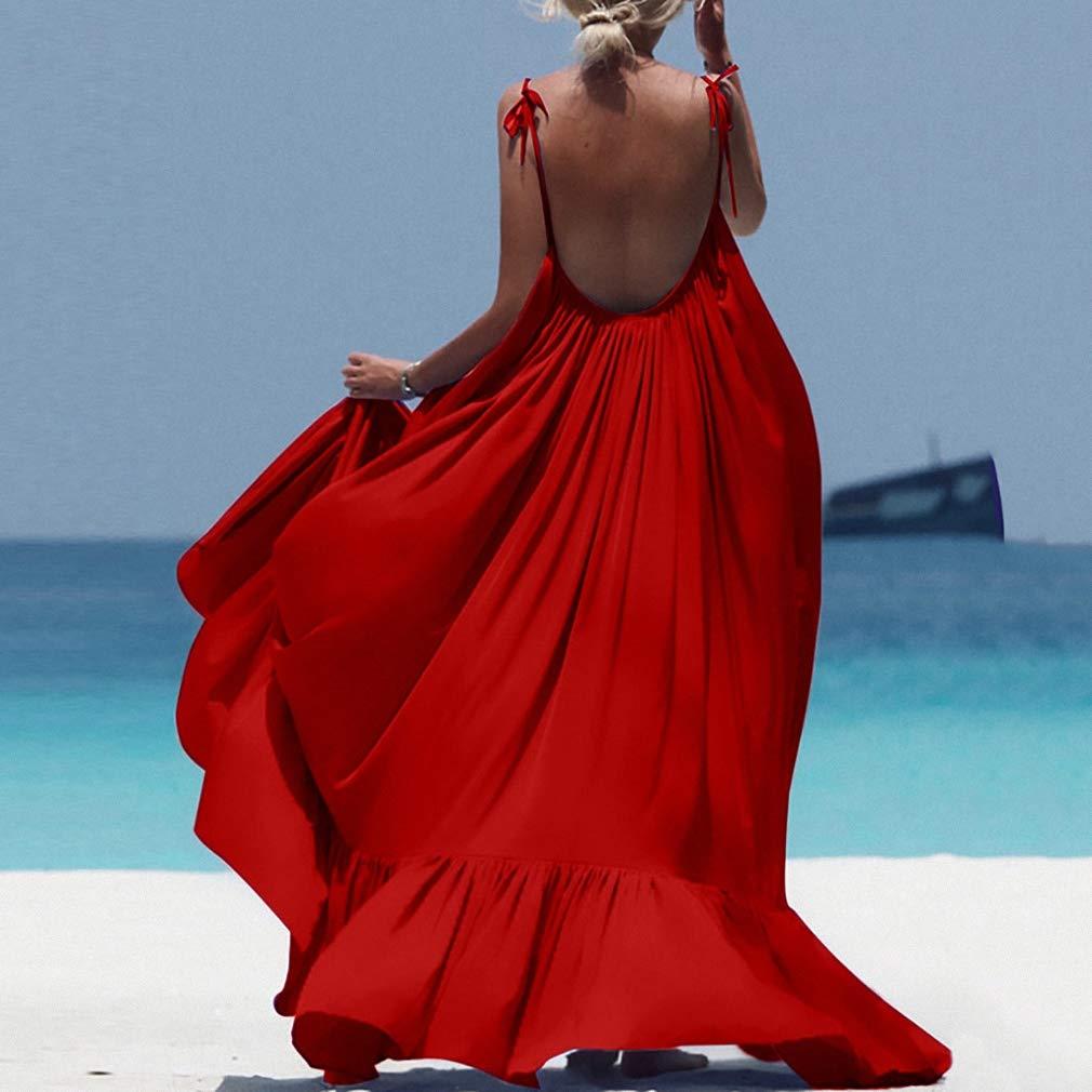 Hiuwa Hiuwa Women Boho Maxi Solid Sleeveless Long Backless Dress Evening Party Beach Dresses Sun Dress C XL