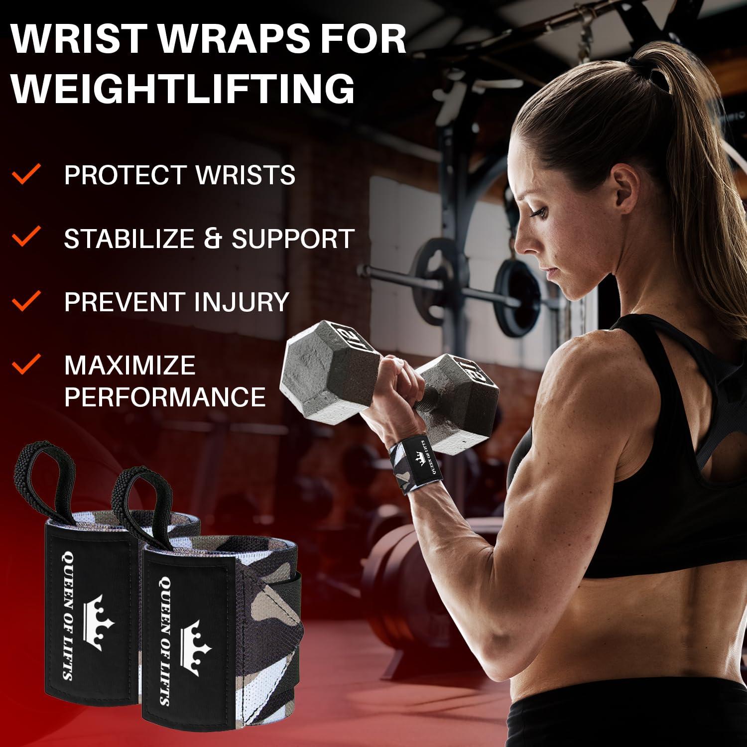 TECEUM TECEUM Weightlifting Wrist Wraps with Thumb Loop Black Camo Queen of Lifts 18 inch Heavy-Duty Workout Wrist Support & Protection Ideal for Powerlifting, Strength Training, Bodybuilding