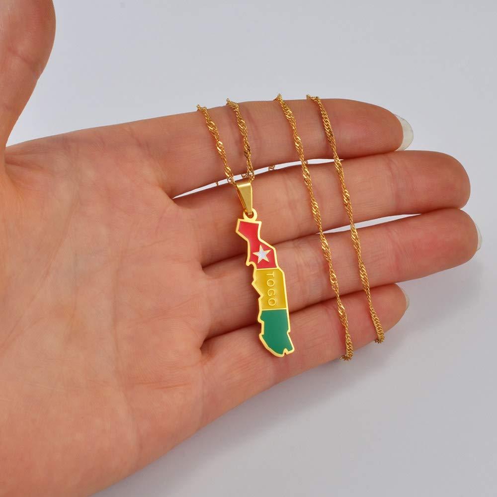 Dan CECE KELE Dan CECE KELE Map Pendant Necklace - Togolaise Map Necklace for Men and Women, Togolese Map Necklace with Flag Jewelry Fashion Clavicle Chain Neckwear, Ethnic Symbol Pendant Neckwear,Gold,45Cm Chain