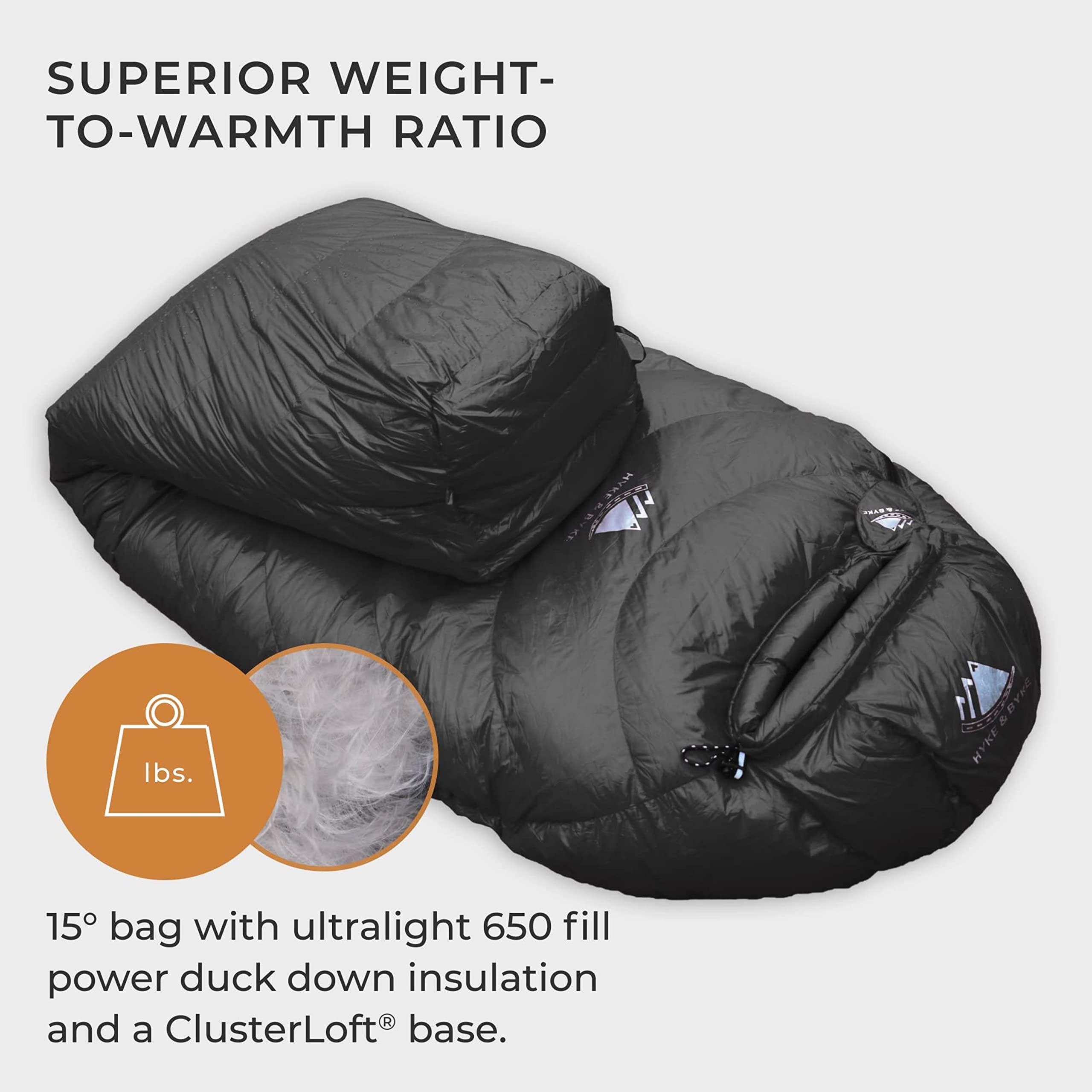 Hyke & Byke Hyke & Byke Quandary 15F Cold Weather Mummy Hiking & Backpacking Sleeping Bag - Duck Down 650 FP 3 Season Sleeping Bags for Adults - Ultralight with Compression Stuff Sack (Black, Short)