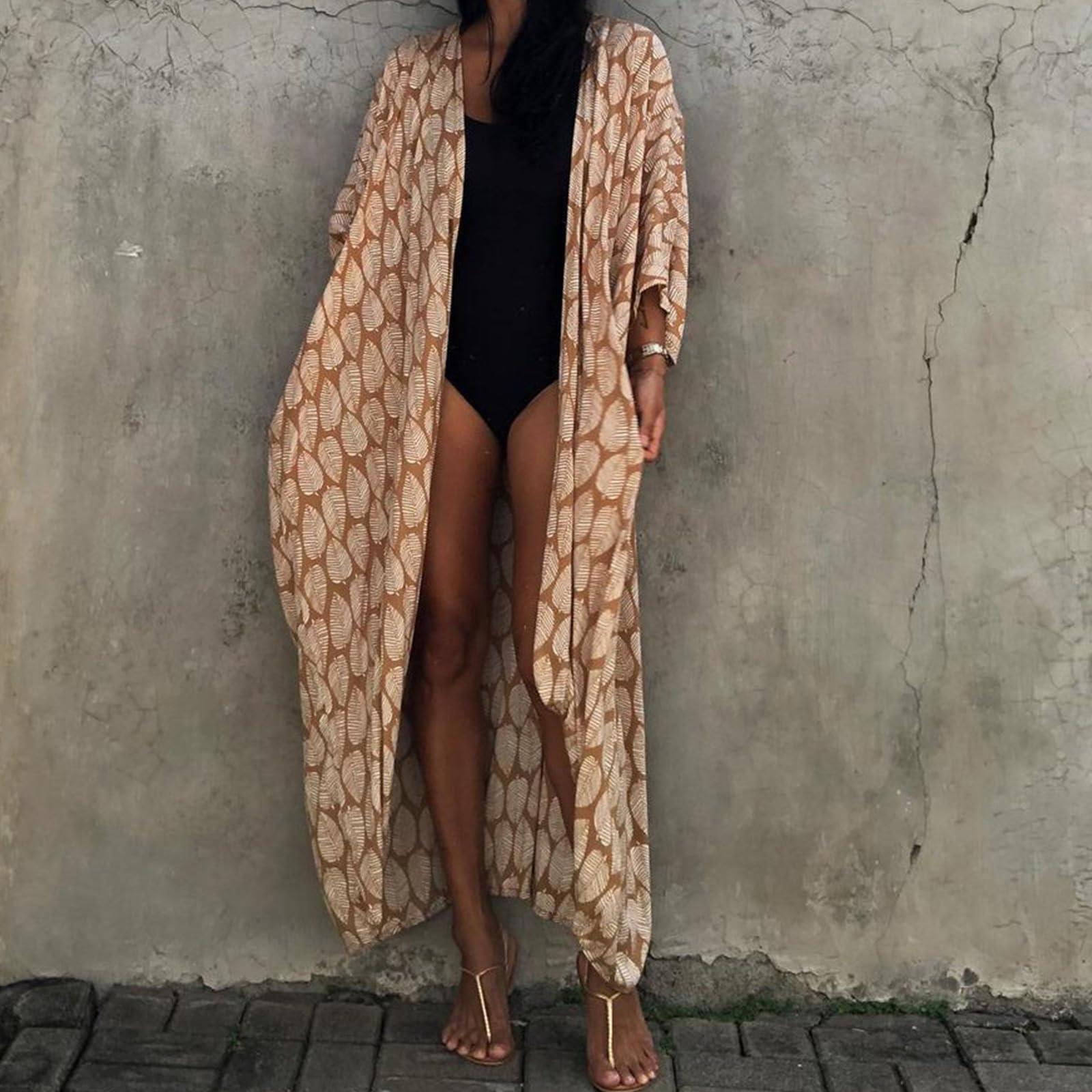 ZHENZQ ZHENZQ Women Swimsuit Printed Cover With Sleeve Long Gown Beach Dress Robe Beachwear Shawl Long Cover-ups Vacation