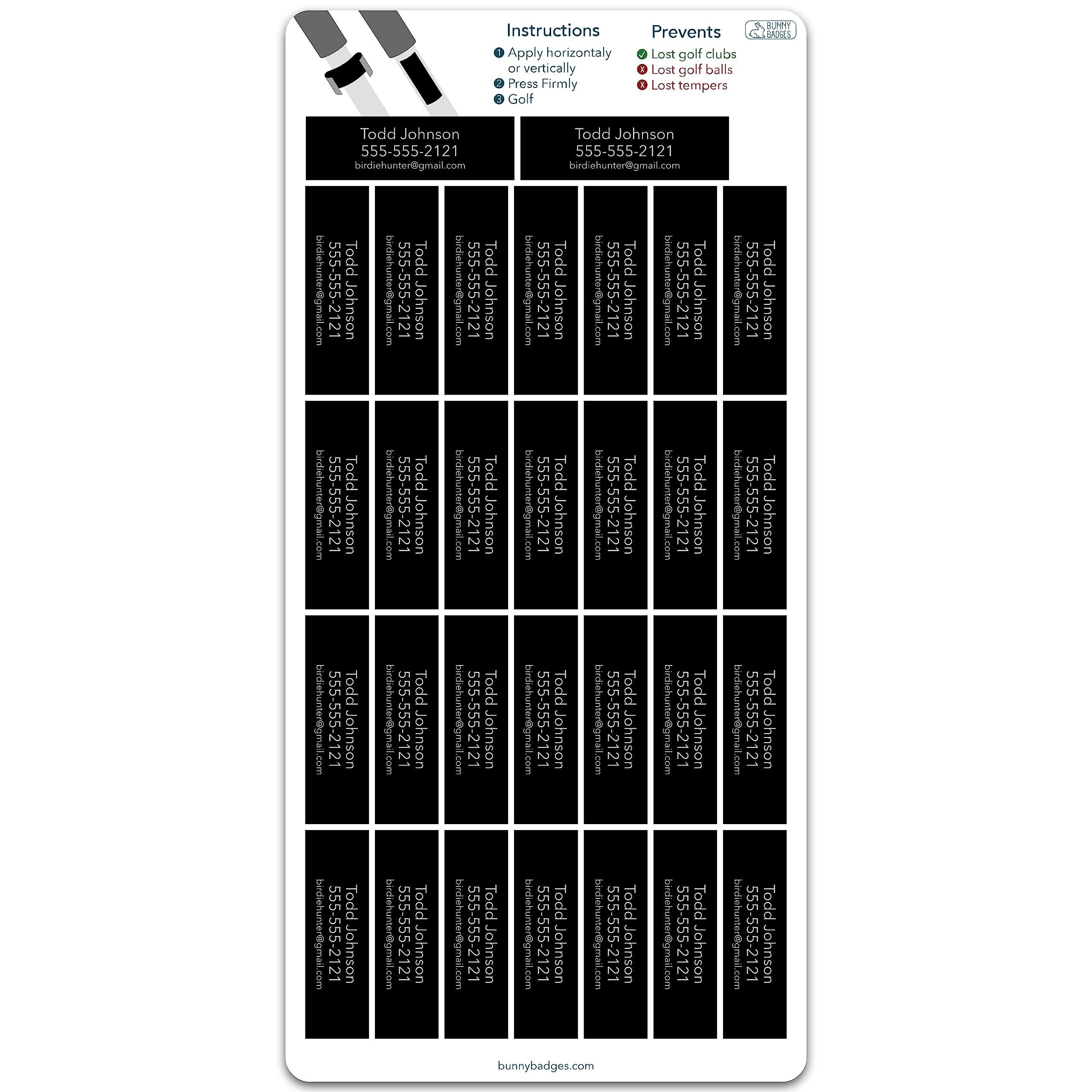 Bunny Badges Personalized Golf Club Name Labels (30 Labels) - Custom Waterproof Name Stickers for Golf Clubs (Black with Silver Text)