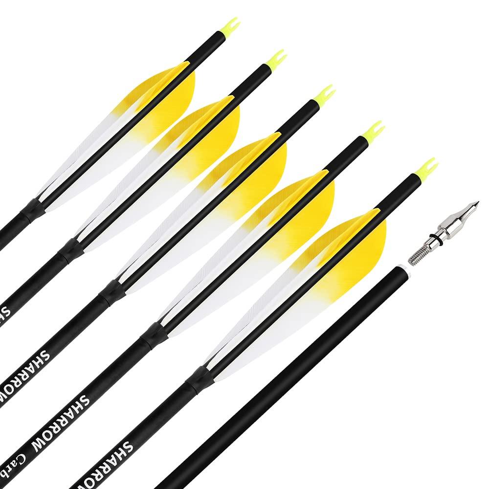 SHARROW 28/30/31 Inch Archery Carbon Arrows Spine 500 Hunting Target Practice Carbon Arrows with 100 Grain Replaceable Tips and 5" Real Feather for Compound & Recurve & Traditional Bow (Yellow, 28 inch/12pcs)