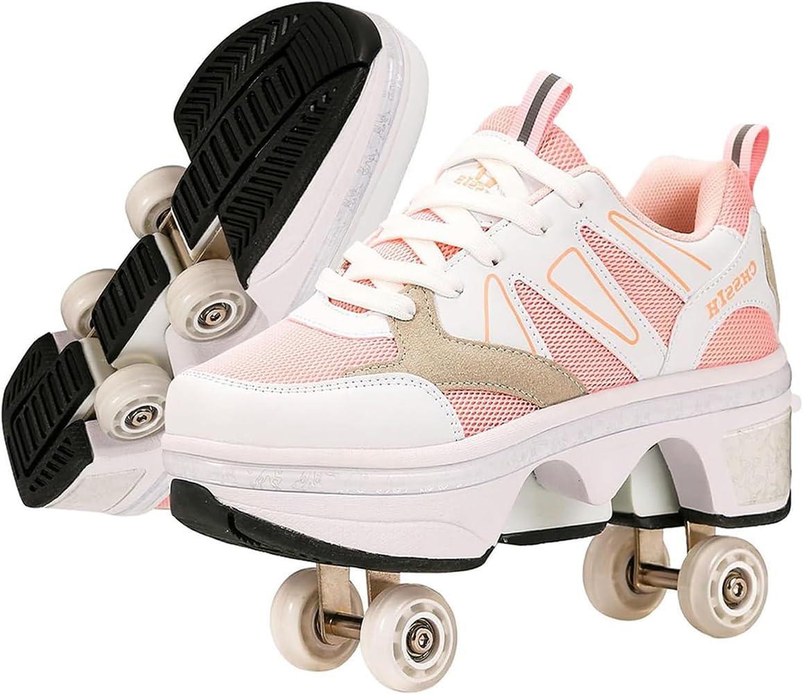 CHSSIH Roller Skate Shoes for Girls, Kids, Women & Adults Retractable Shoes with Wheels | Pop-Out High Roller Skating Shoes That Turn Into Sneaker Skates - Pink, 7