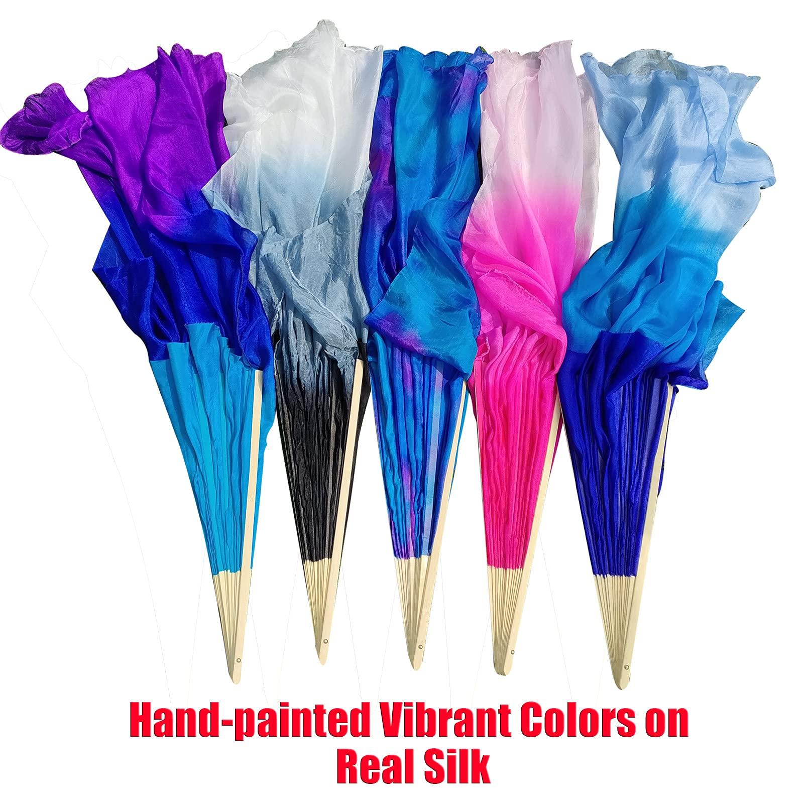 Winged Sirenny Winged Sirenny Large Single Belly Dance Silk Flutter, 45in Wide Short Silk Fan Veil Right Hand(black&blue)