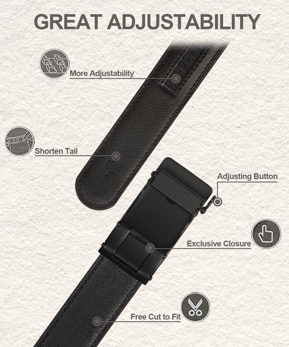 Teooauss Ratchet Belts for Men, Leather Black Slide Belt with Automatic Buckle for Golf Work Wedding Dress Casual Shirt Pants Jeans, Micro Adjustable, Trim To Fit - Waist: 36-42