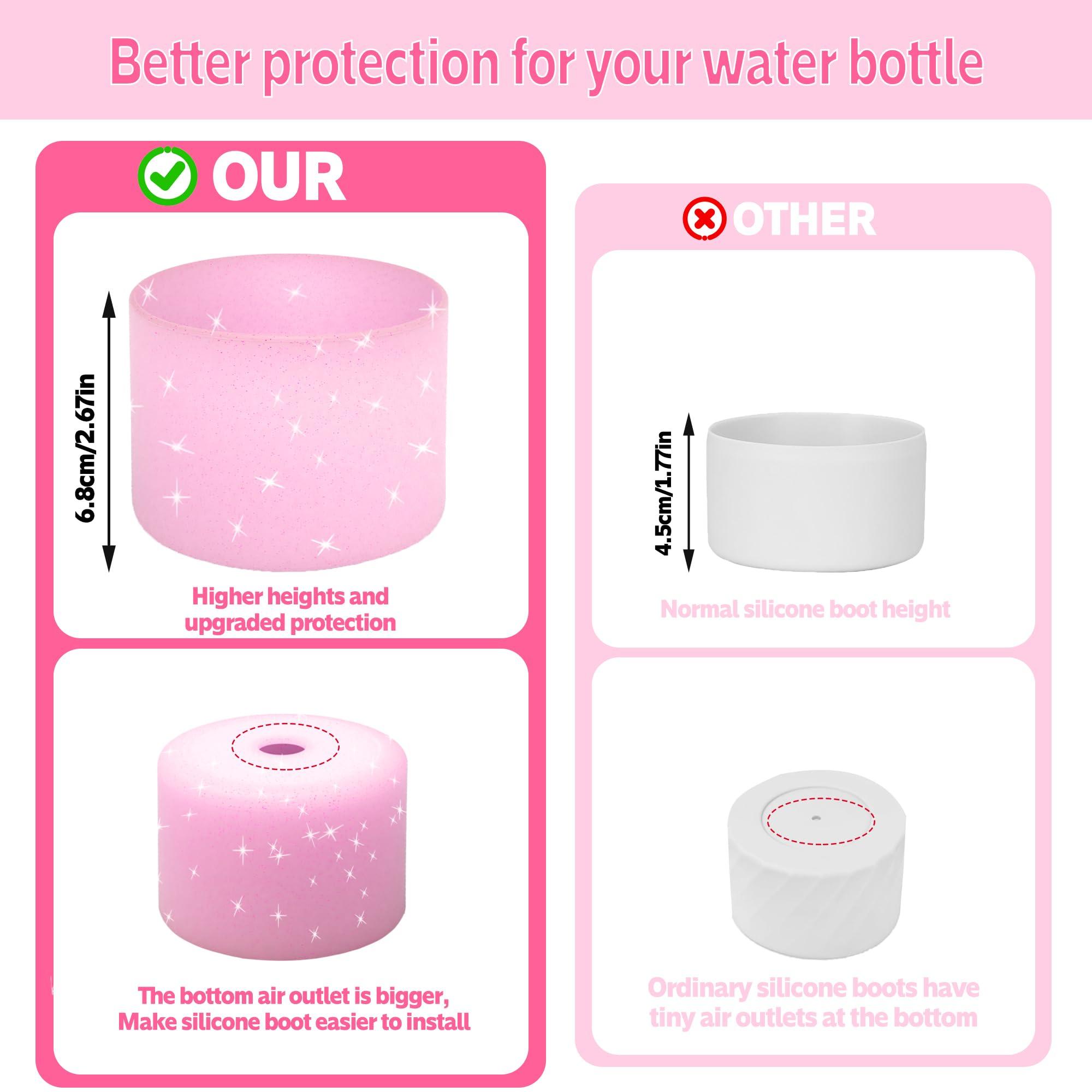 AESKEIA 2PCS Silicone Water Bottle Boot for Owala 24oz 32oz 40oz,Anti-Slip Protective Sleeve Bottom Bumper Protector for FreeSip, Twist, and Flip Stainless Steel Water Bottles (Clear Glitter Pink, 24oz)