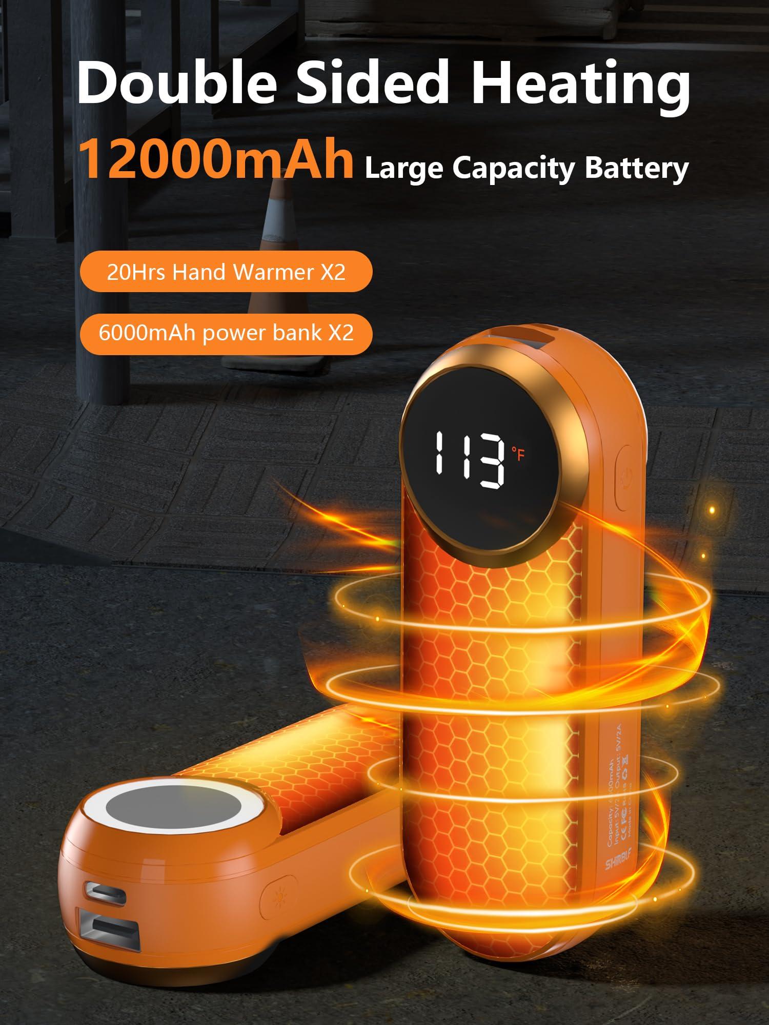 Shirble Hand Warmers Rechargeable,12000mAh Electric Hand Warmers with Light, 2 Pack Pocket Hot Hands Reusable Up to 20 Hours, Double Sided Heat Portable Heater for Hunting, Camping Gear, Stocking Stuffers