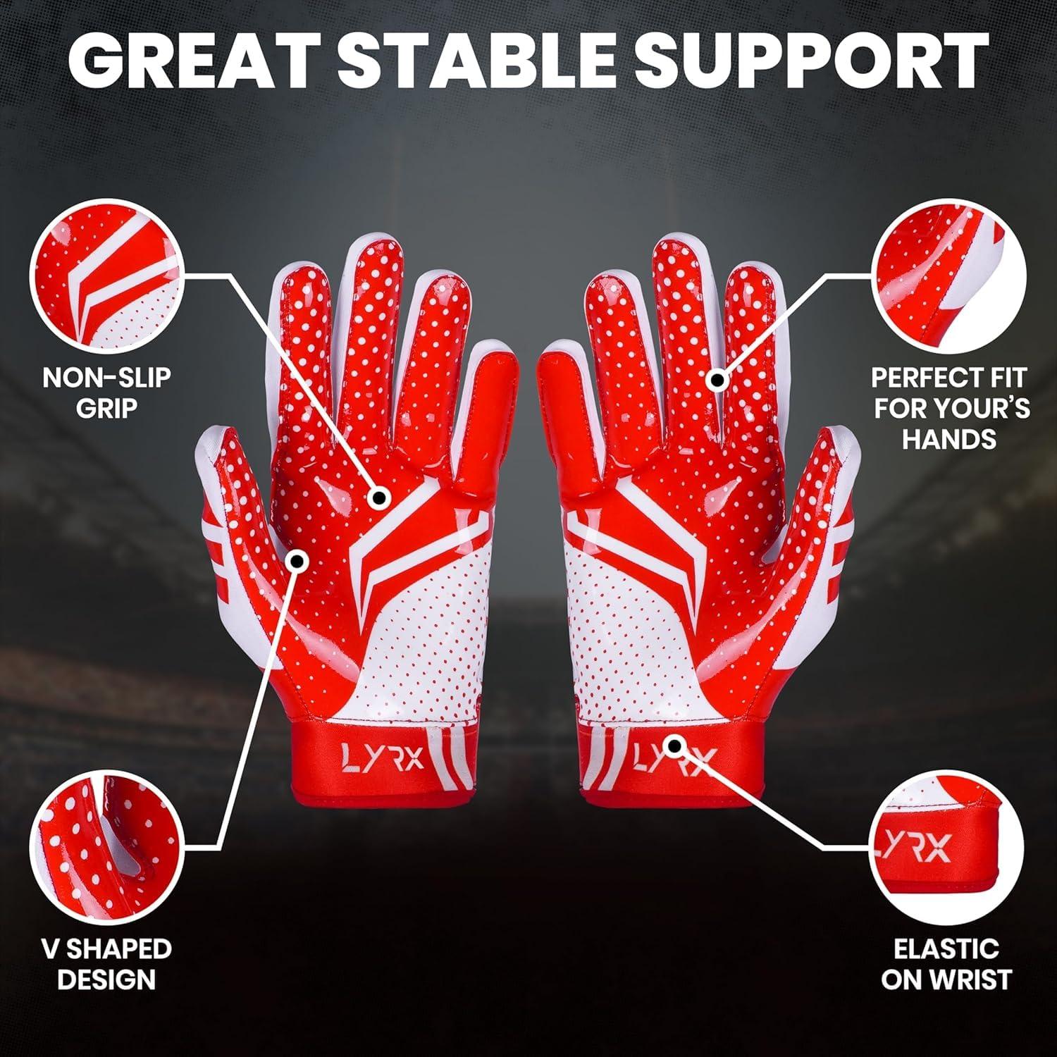 LYRX LYRX Professional Football Receiver Gloves with Optimal Silicone Palm Non-Slip Grip Control Ultra-Stick Sports Lightweight Glove and Precision Fit (Red, Adult M (7.2"))