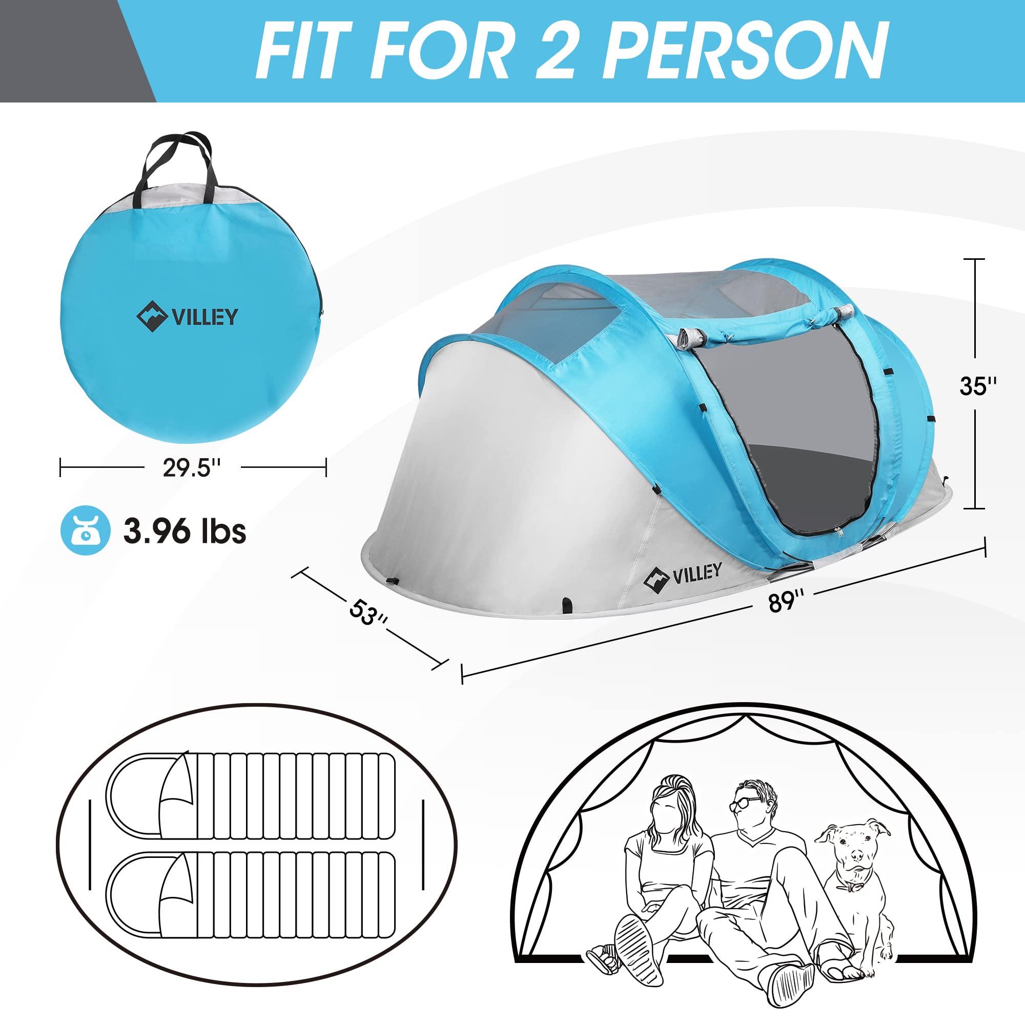 VILLEY VILLEY 2-Person Easy Pop Up Tent, Waterproof Automatic Setup Instant Lightweight Camping Beach Tent with Carrying Bag for Camping, Hiking & Traveling - Blue