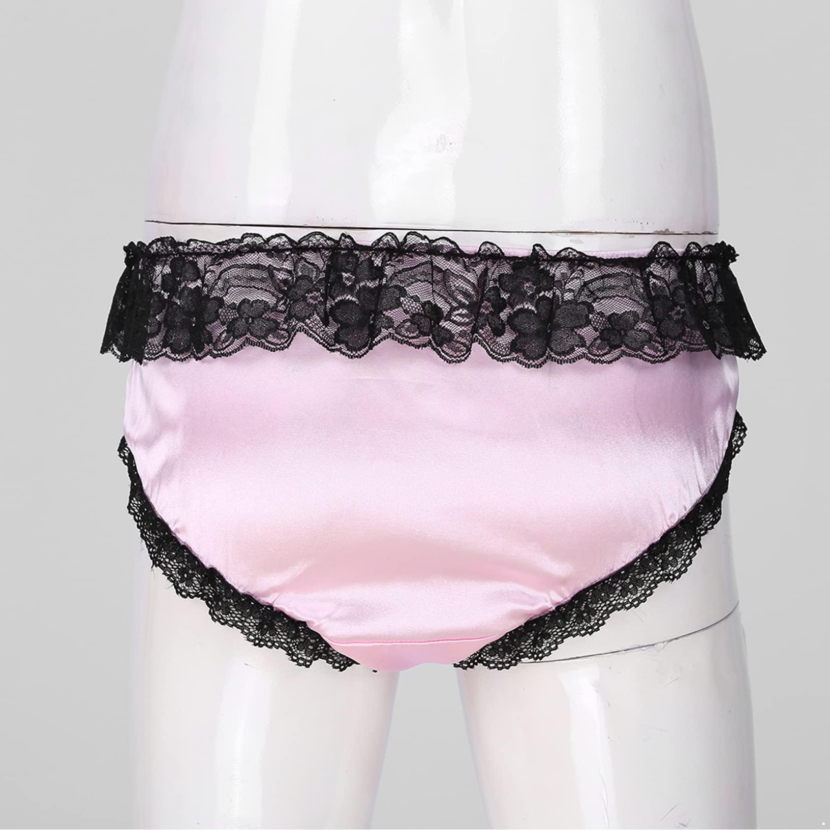 Oyolan Oyolan Men Silky Satin Sissy Panties Frilly Lace Cheeky Knickers Crossdressing Underwear Feminine Briefs Pink Medium