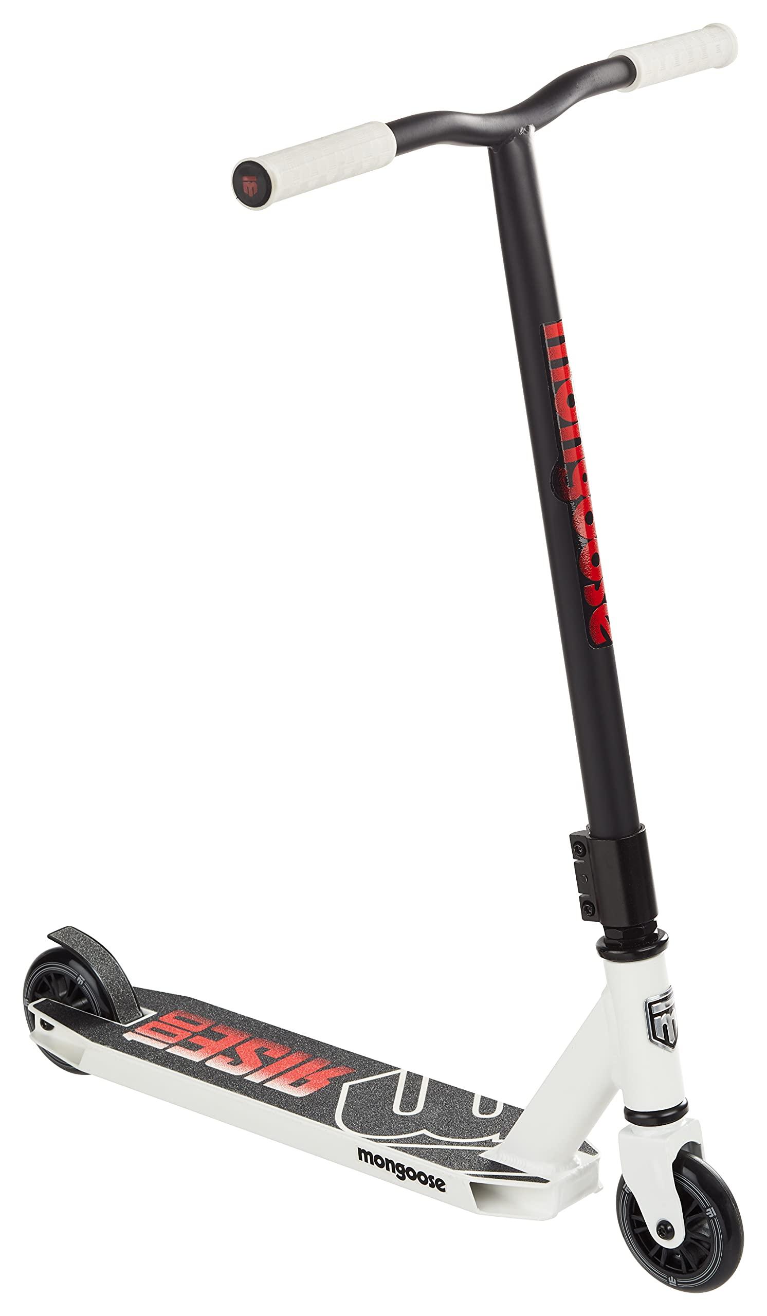 Mongoose Mongoose Rise 100 Freestyle Stunt Trick Scooter, Lightweight Alloy Deck & Heavy-Duty Frame Up to 220 lbs., Bike-Style Grip, High Impact 100mm Wheels, White/Red