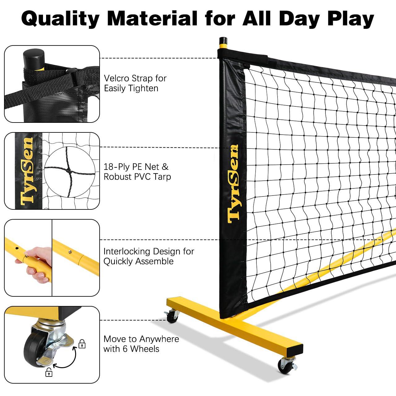 TYRSEN TYRSEN Pickleball Net Set - Pickleball Net on Wheels for Driveway Backyard, 22FT Regular Size, 4 Pickleball Paddles & 6 Balls, 12 Court Markers, 1 Carry Bag, Pickleball Set for Indoor Outdoor Play