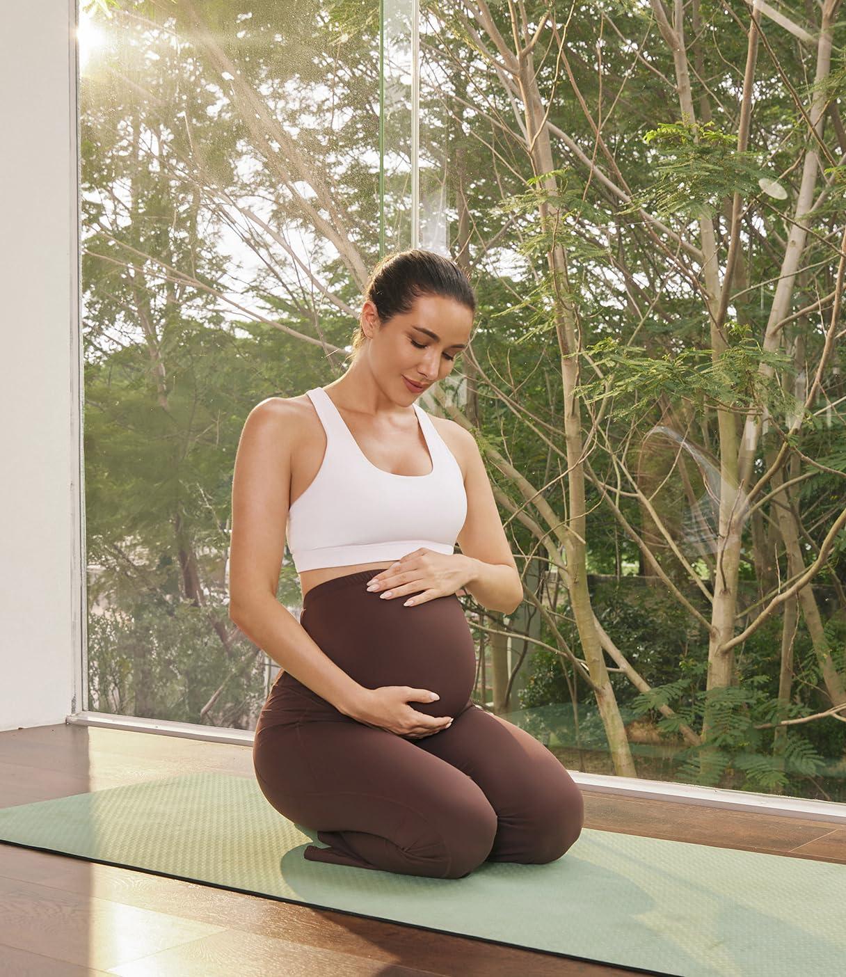 JOYSPELS JOYSPELS Smooth Feeling Flare Maternity Leggings Over The Belly with Pockets Soft Bootcut Pregnancy Yoga Pants Blue Steel