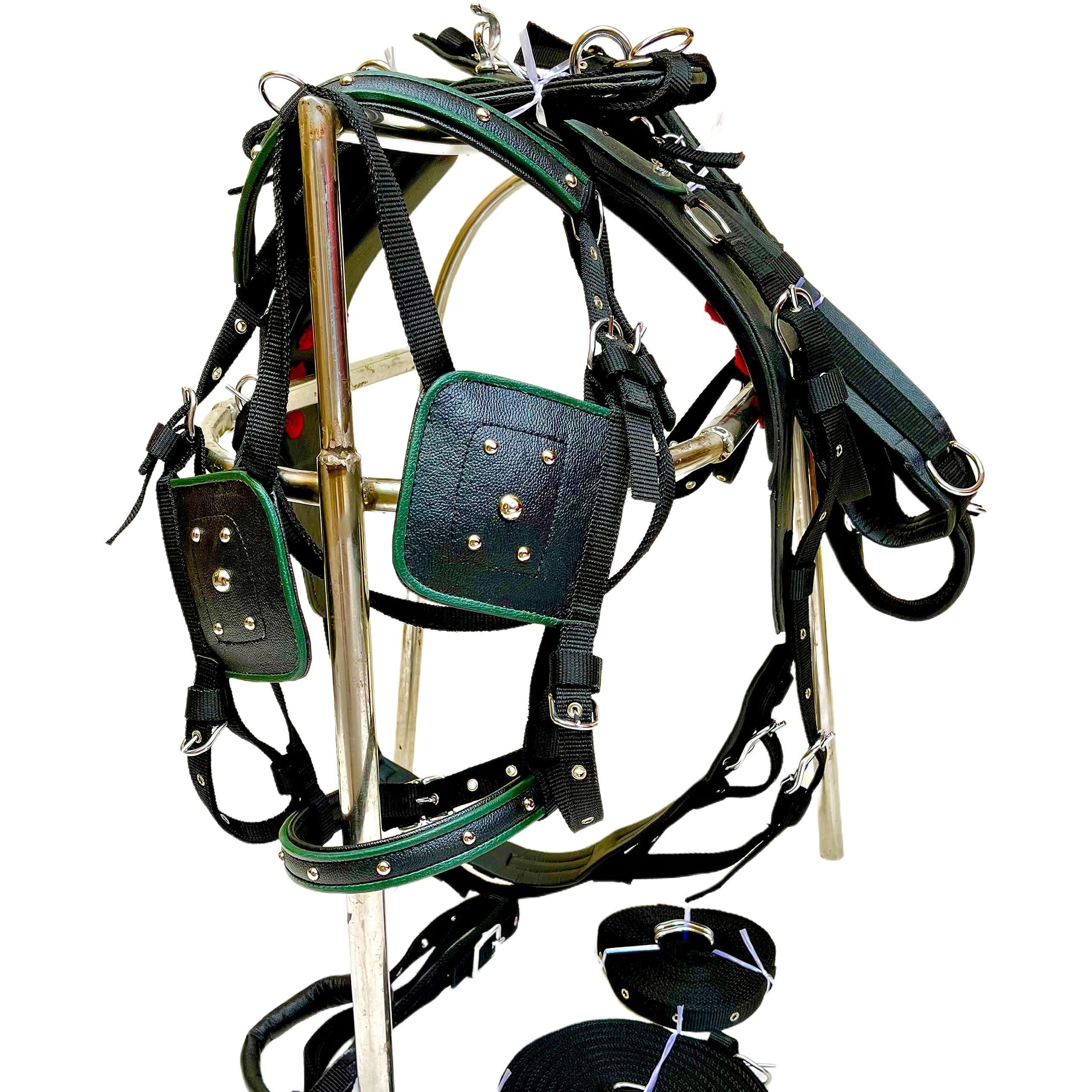 AHS us Nylon Horse Driving Harness for Single Horse Cart in Black Color | 3 Contrasting Piping Color Options Available | (Pony, Green Piping)
