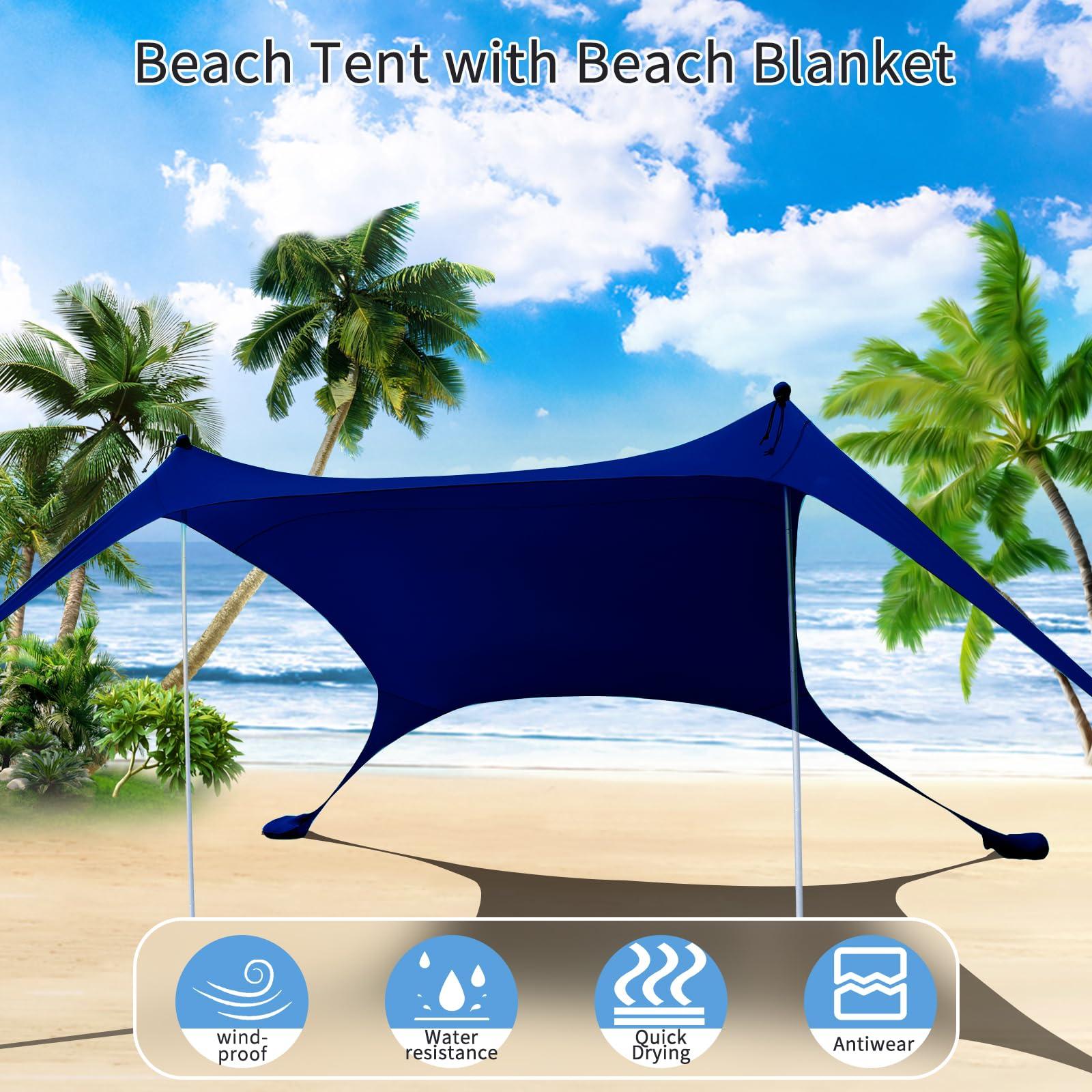 CUUPO 77 FT Beach Tent Sun Shelter UPF50+ UV Protection, Outdoor Canopy Tent Sun Shade with 2 Poles for Camping, Beach, Fishing, Backyard and Picnics Navy