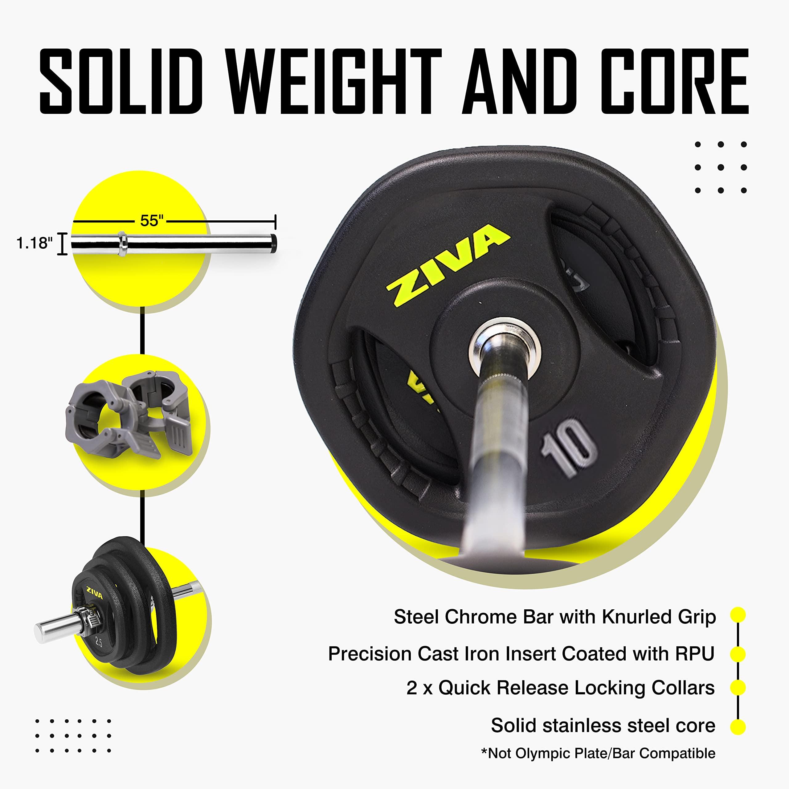 ZIVA ZIVA RPU Adjustable Studio Barbell Weight Set - 6 RPU Weight Discs, 1-pc Knurled Barbell (1.18\"D), 2 x Collars | Bar Fits 1.25\" Plates Only | 40 pounds