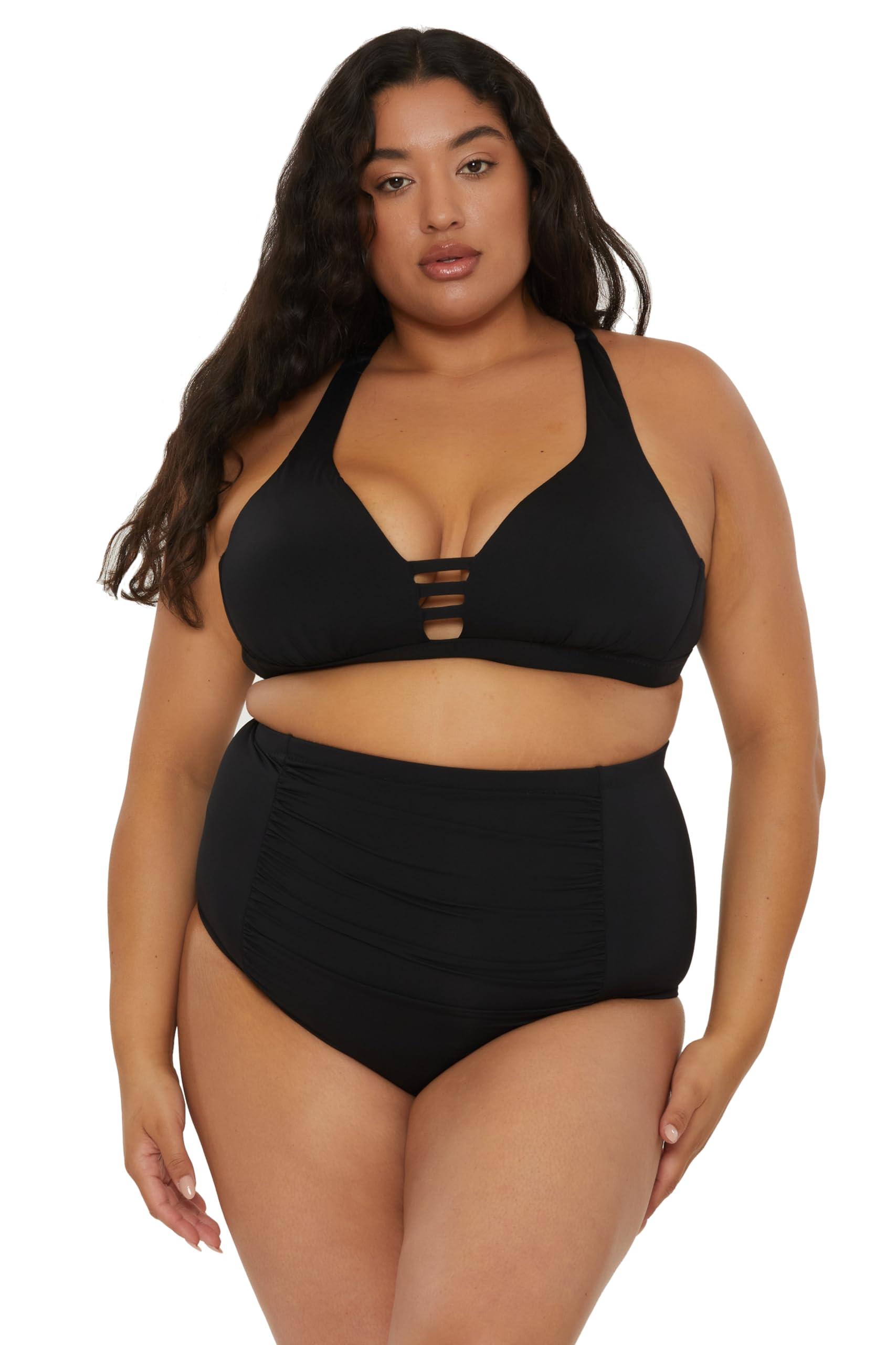 BECCA ETC. BECCA ETC Color Code - Women's Plus Size Bralette Bikini Top, Adjustable, Tie Back, Swimwear Separates for Women, Black, 0X