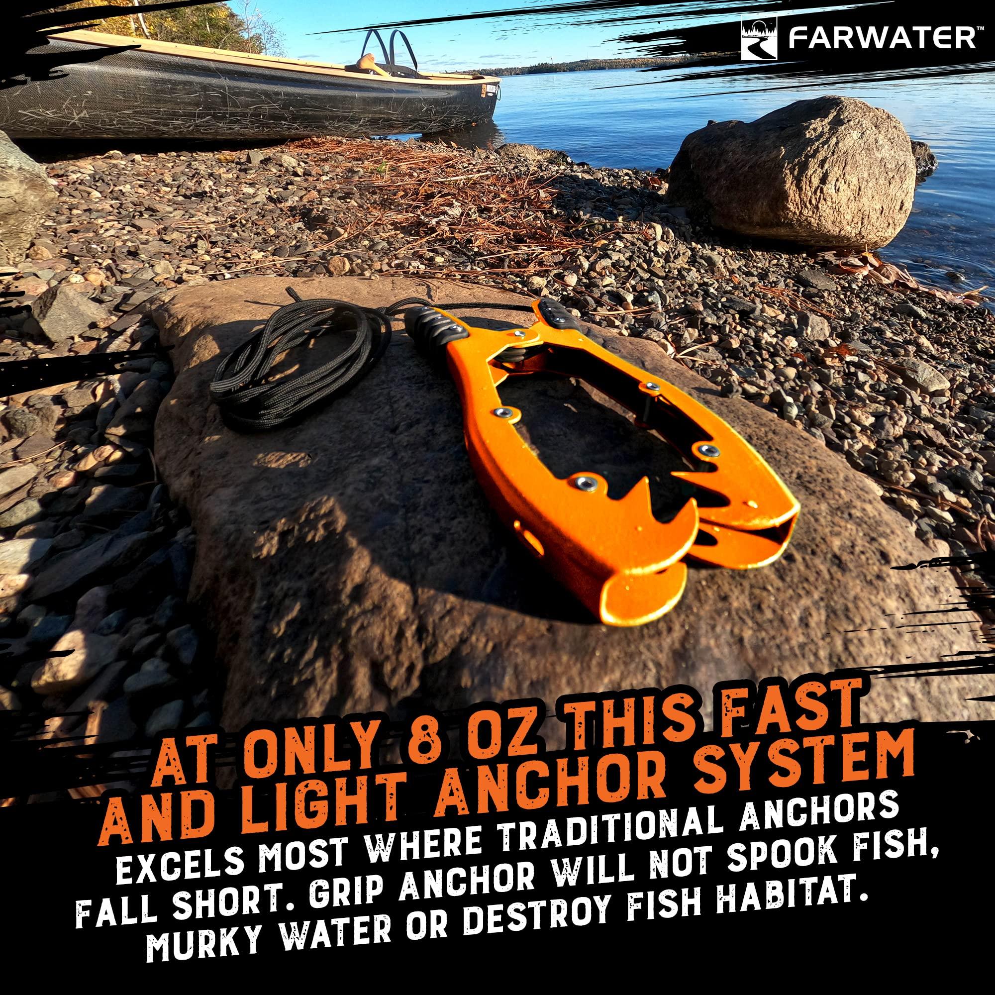 FARWATER FARWATER Canoe Anchor Grip - Boat, Float Tube & Kayak Fishing Accessories, Kayaking Equipment - Brush Clamp Anchor with Teeth - Gripper with 15ft Paracord - Rubber Grips - Coated Steel - Matte Orange