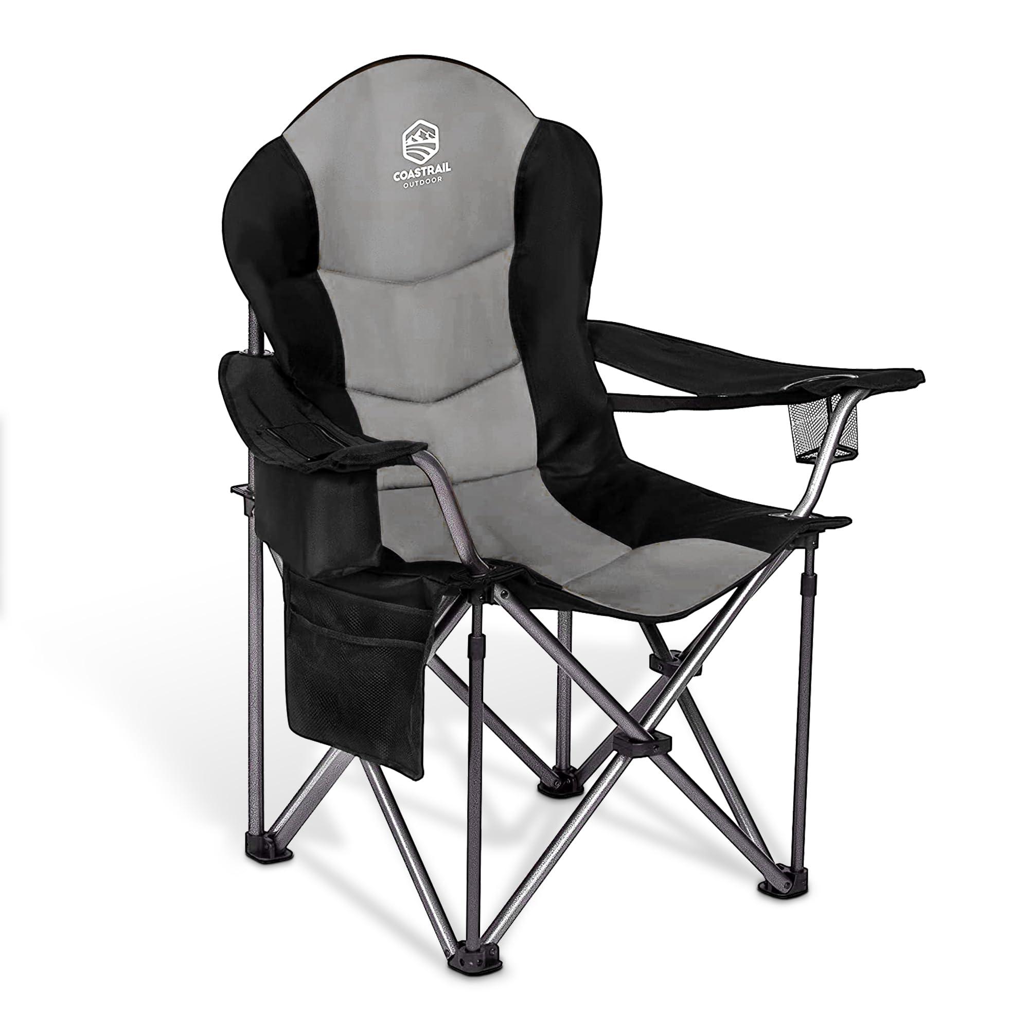Coastrail Outdoor Coastrail Outdoor Camping Chair Oversized Padded Folding Quad Arm Chairs with Lumbar Back Support, Cooler Bag, Cup Holder & Side Pocket, Extra Head Pocket, Black&Gray