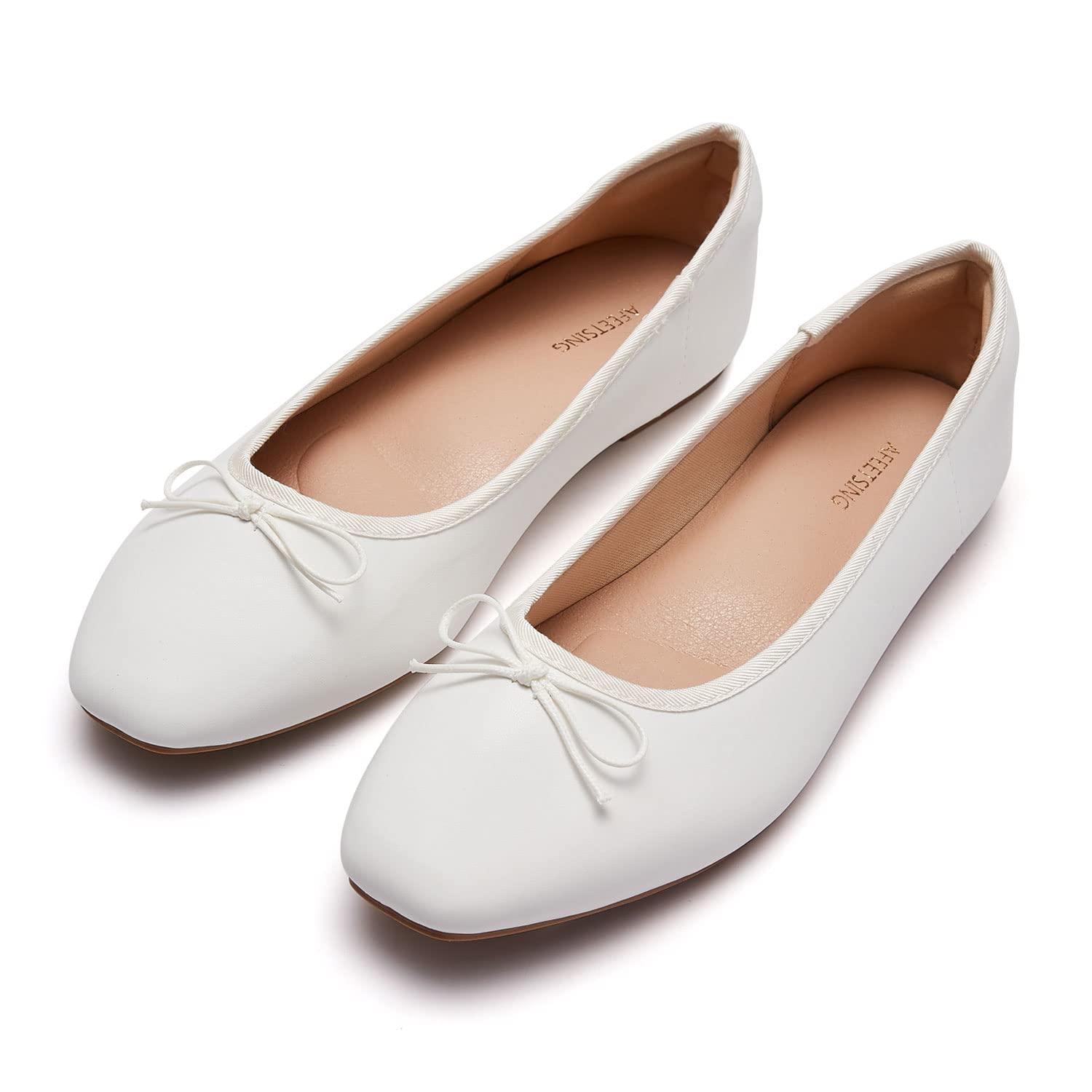 AFEETSING AFEETSING Women's Round Toe Ballet Flats Comfortable Bow Dressy Flats Shoes for Women (A-White, Numeric_8)