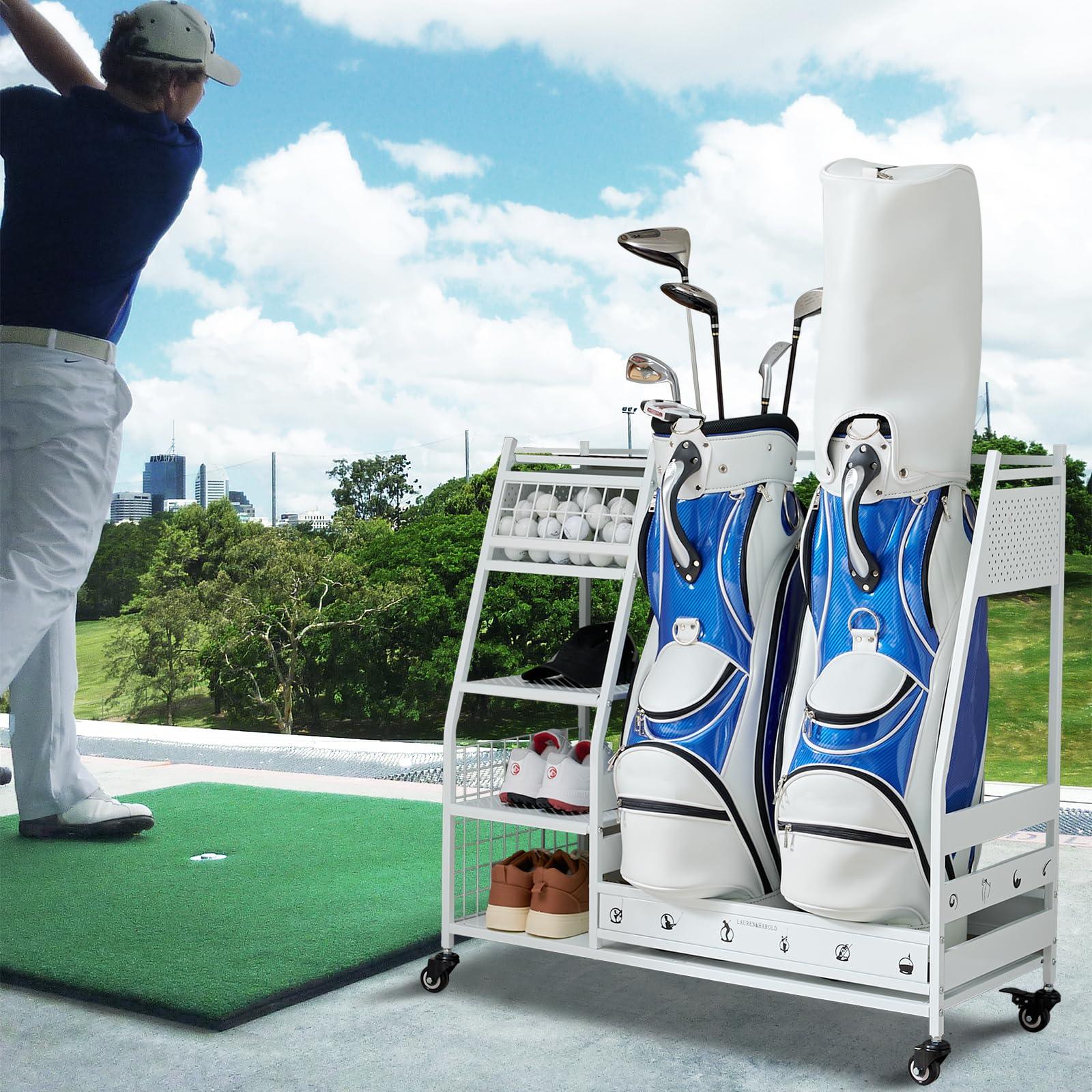 Lauren Harold Lauren&Harold Golf Bag Organizer - Fits 2 Bags, Clubs & Accessories - Garage, Shed, Basement Storage, White