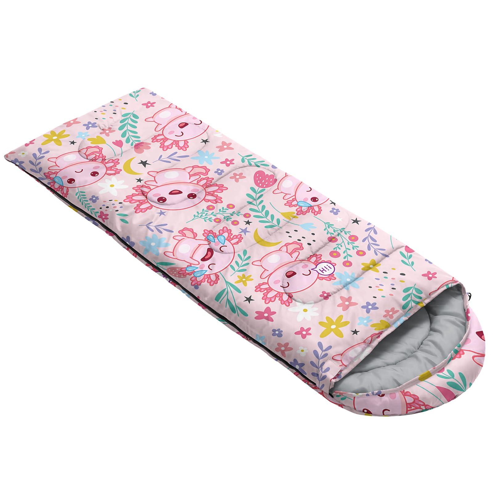 QOOMO QOOMO Cute Axolotl Printed Camping Sleeping Bags,3 Season Warm & Cool Weather,Lightweight,Waterproof Sleeping Bags for Adults & Kids,Traveling,and Outdoors,Camping Gear Equipment, 31x90inch