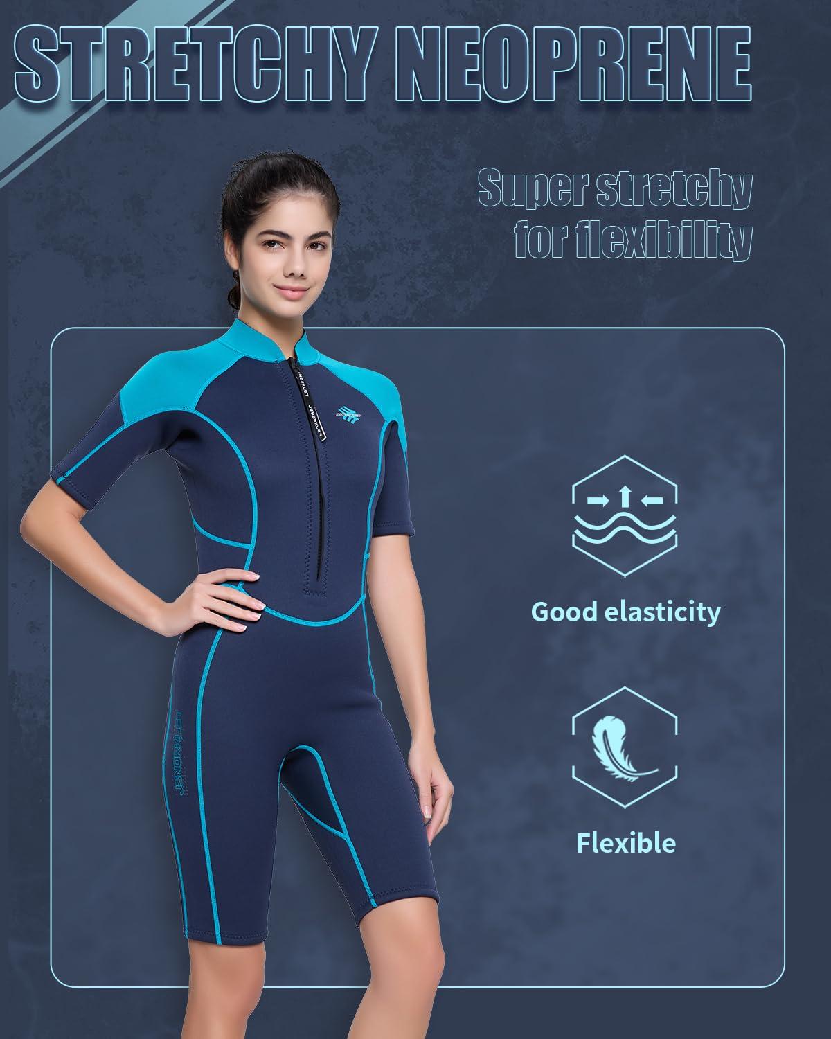 JSNORKLET Jsnorklet Womens Wetsuit Shorty, 3mm Front Zip Neoprene Shorty Diving Suits Keep Warm in Cold Water for Swimming Snorkeling Surfing