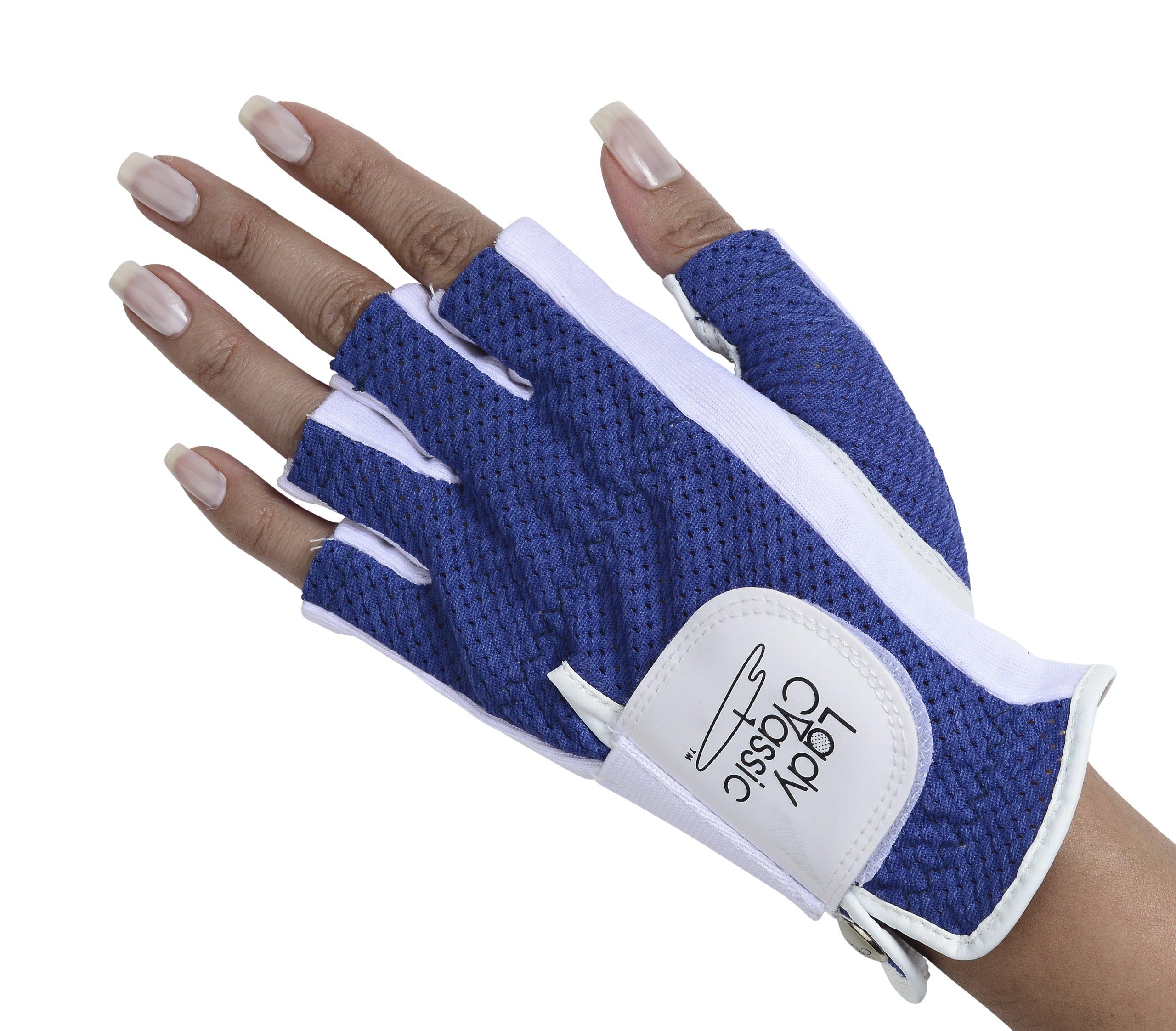 Lady Classic Lady Classic Cabretta Womens Solar Half 1/2 Finger Golf Glove - Left Hand, Royal Blue & White, Medium (CLH02WTRB)
