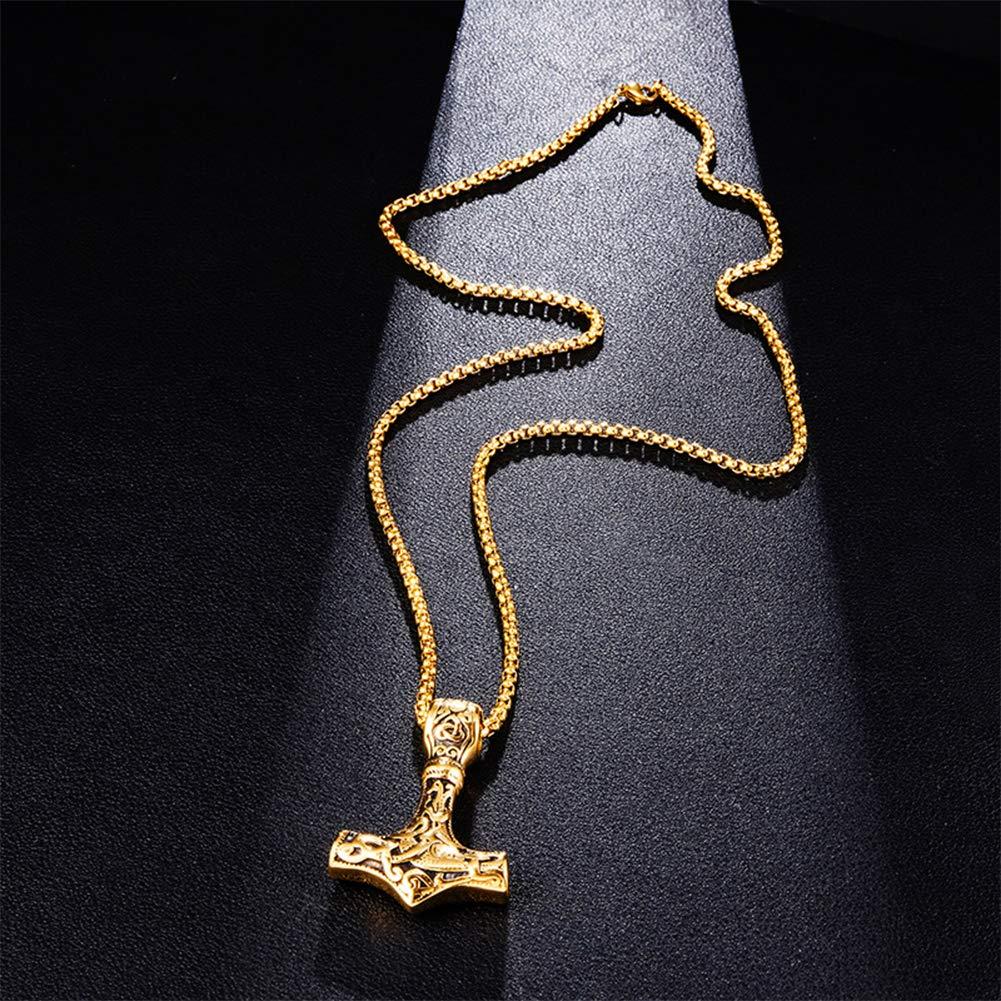 SBRTL Norse Viking Thor's Hammer Talisman Necklace, Odin Mjolnir Stainless Steel Pendant, Mens Vintage Original Amulet Jewelry,Gold,60cm(24incm)
