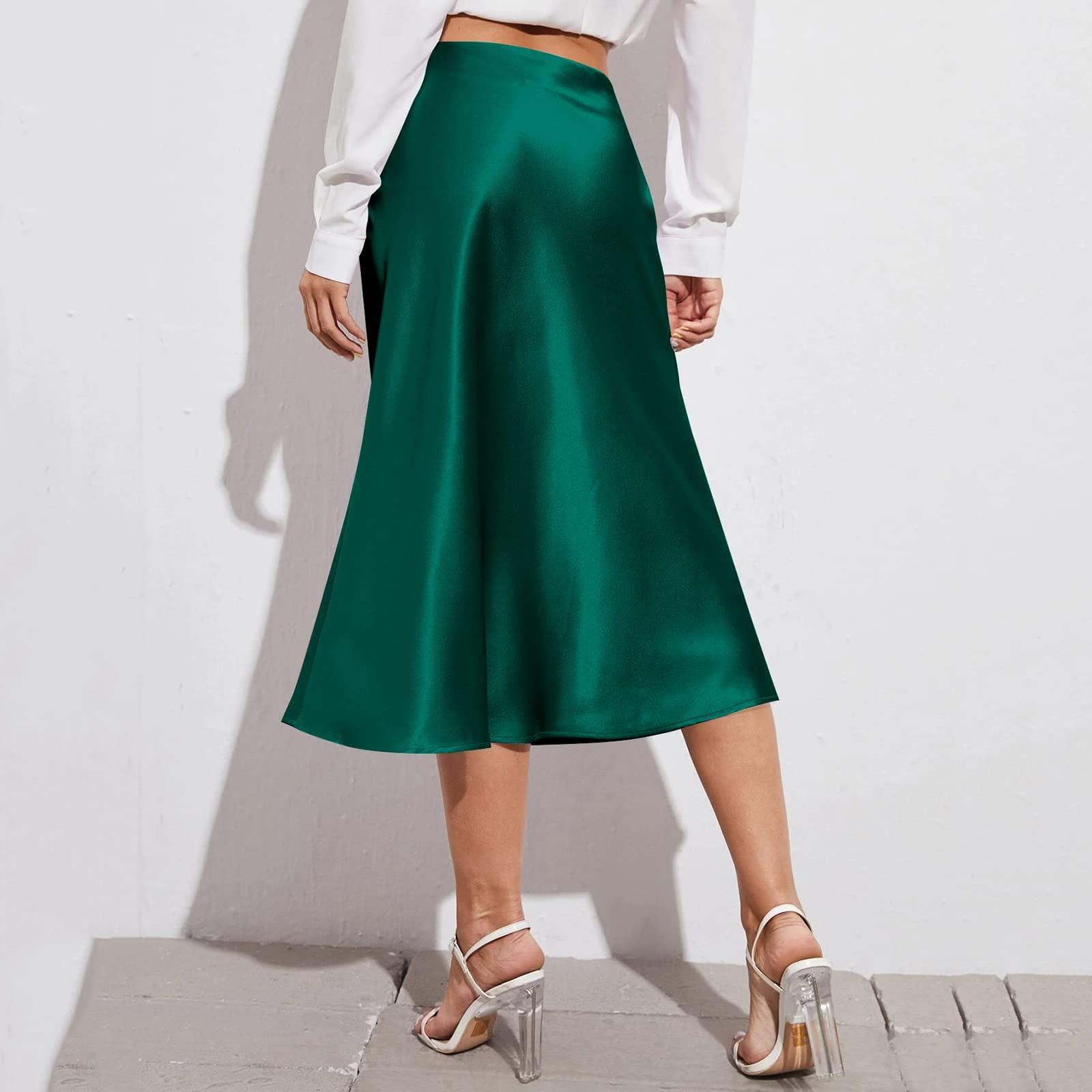 NineFit Basics Satin Skirts for Women Midi Length Silk Skirt Elegant High Waisted Midi Skirt Flowy A-Line Flared Cocktail Party Long Skirts Green