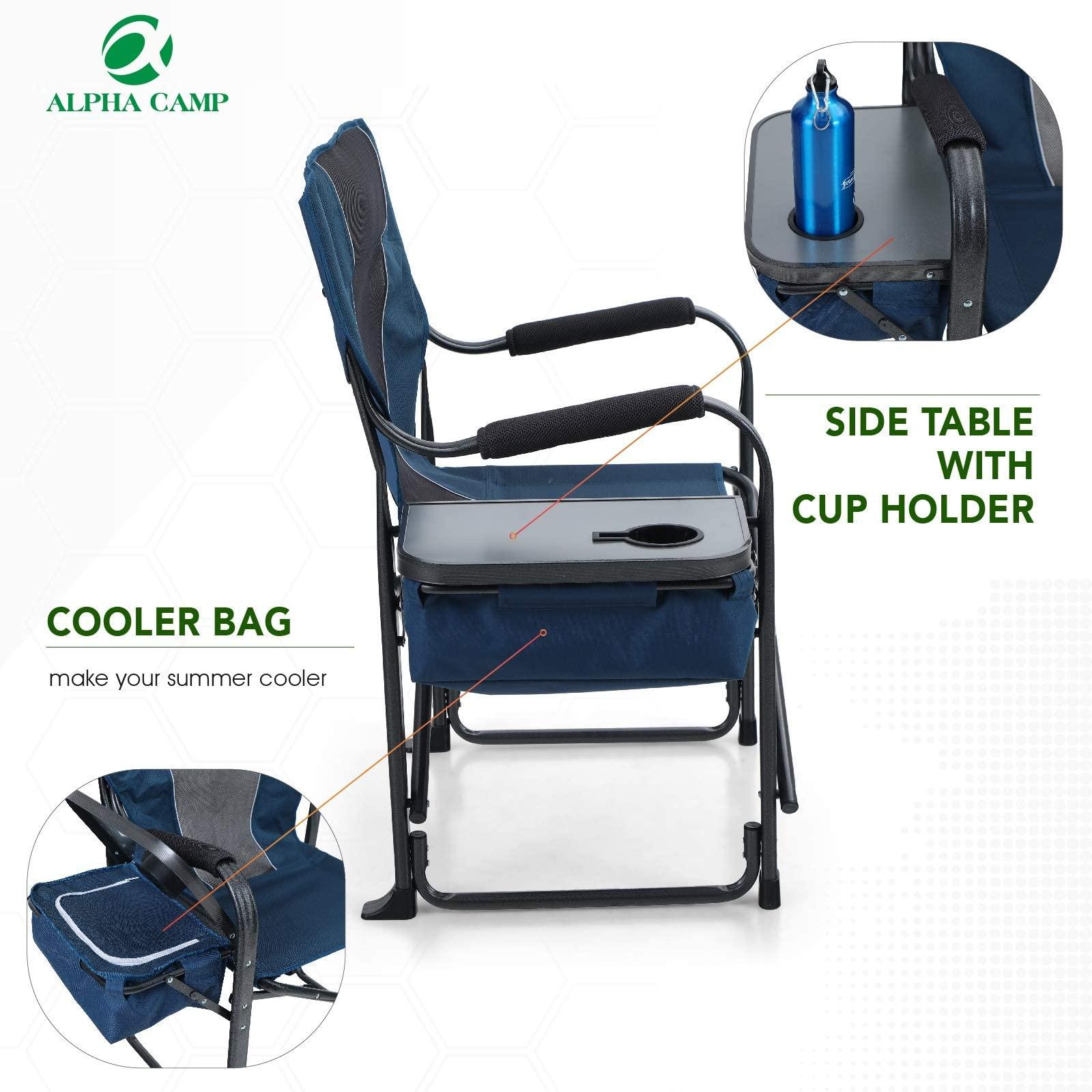 ALPHA CAMP ALPHA CAMP Director Chair with Side Table Heavy Duty Portable Chair with Cup Holder Cooler Bag Steel Outdoor Folding Chair for Adults Oversized Lawn Chair for Camping, PicnicCapacity-350 lbs