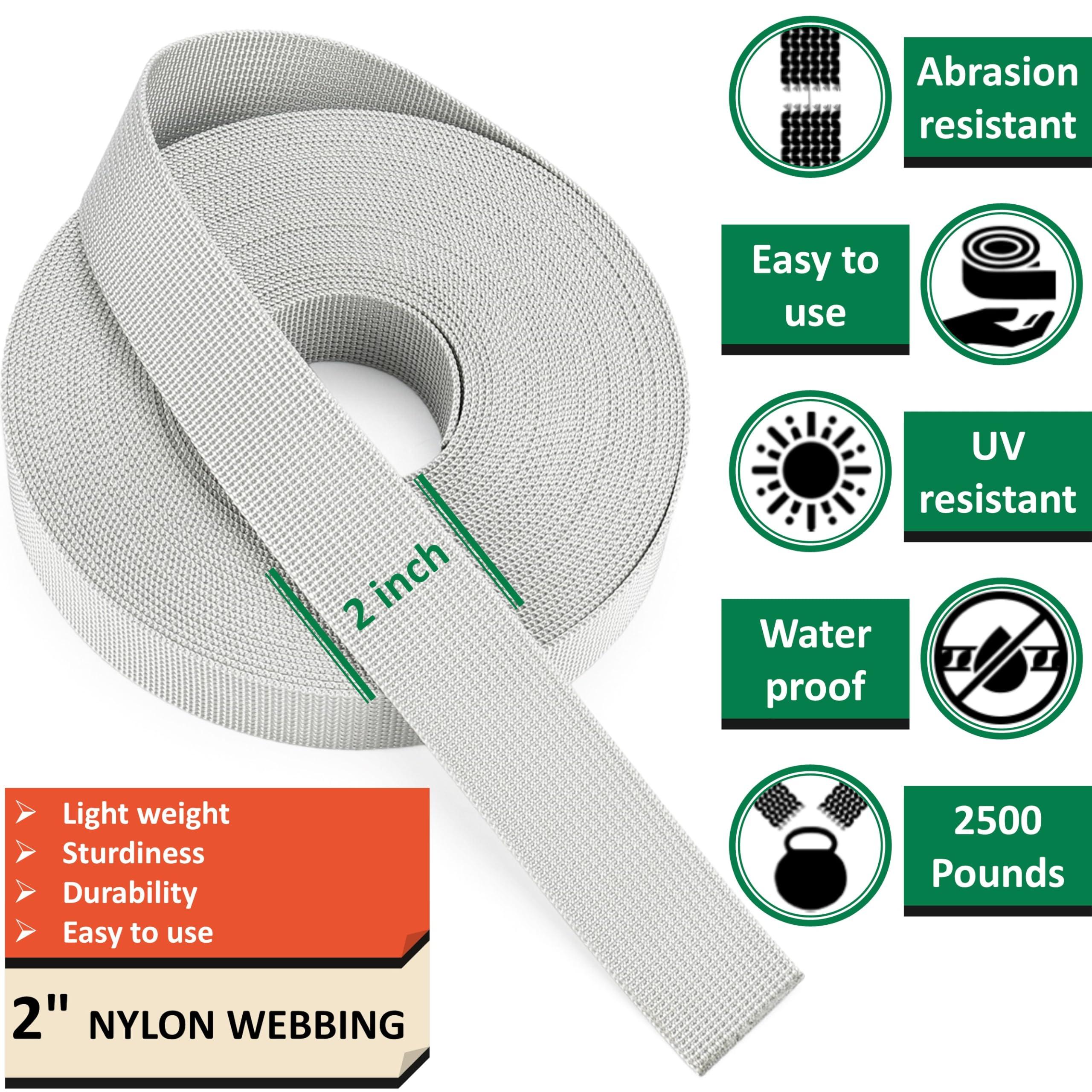 DEYACE DEYACE 2 Inch Nylon Webbing Strap with Plastic Tri-Glide Slide Clips, 10 25 50 Yards Heavy Duty Nylon Strapping for Indoor or Outdoor Gear, DIY Crafting, Repairing (Gray, 2" x 10 Yards)