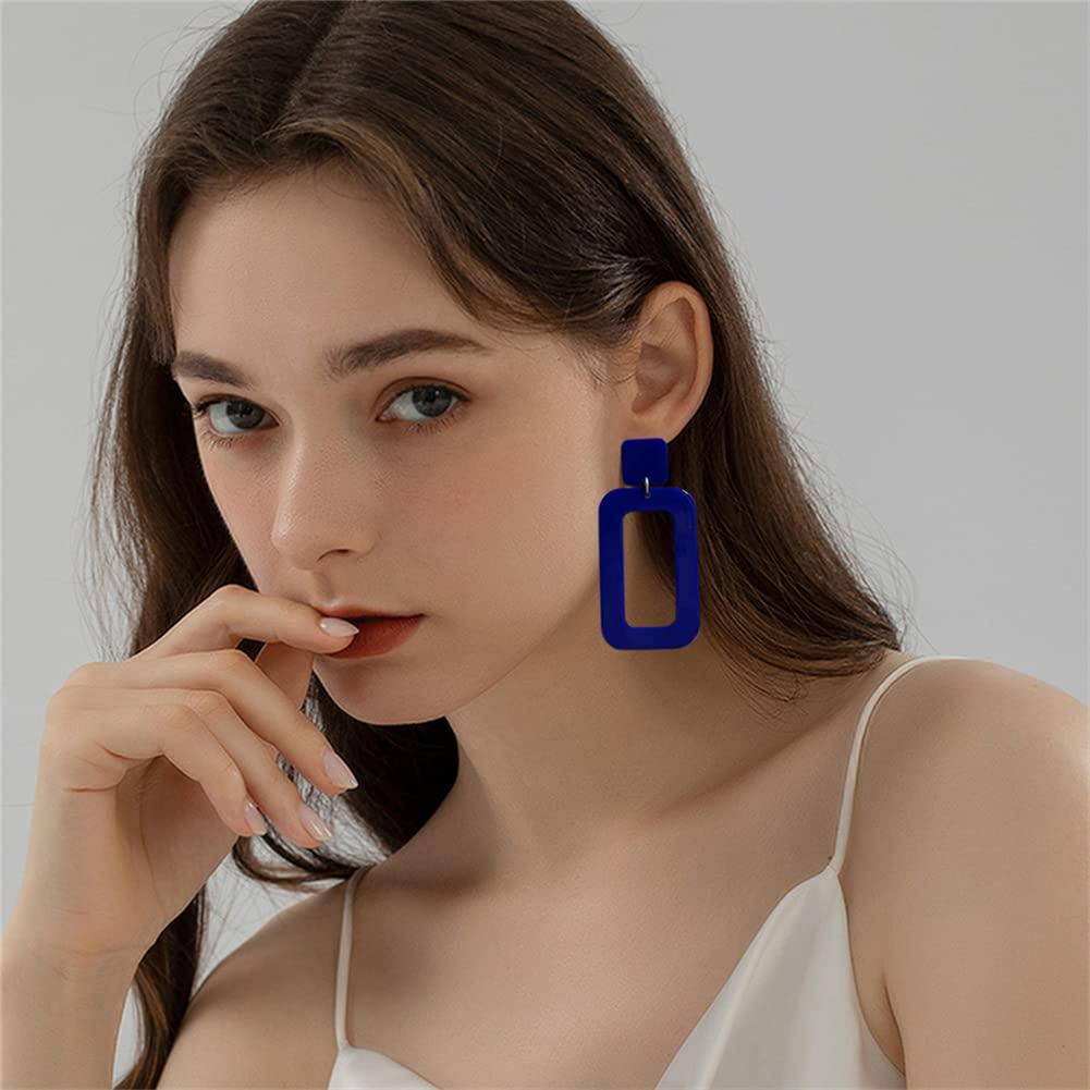 DIYANMMY DIYANMMY Retro Simple Acrylic Geometric Square Hollow Earrings for Women White Statement Drop Earring (Blue Square Hollow Earrings)