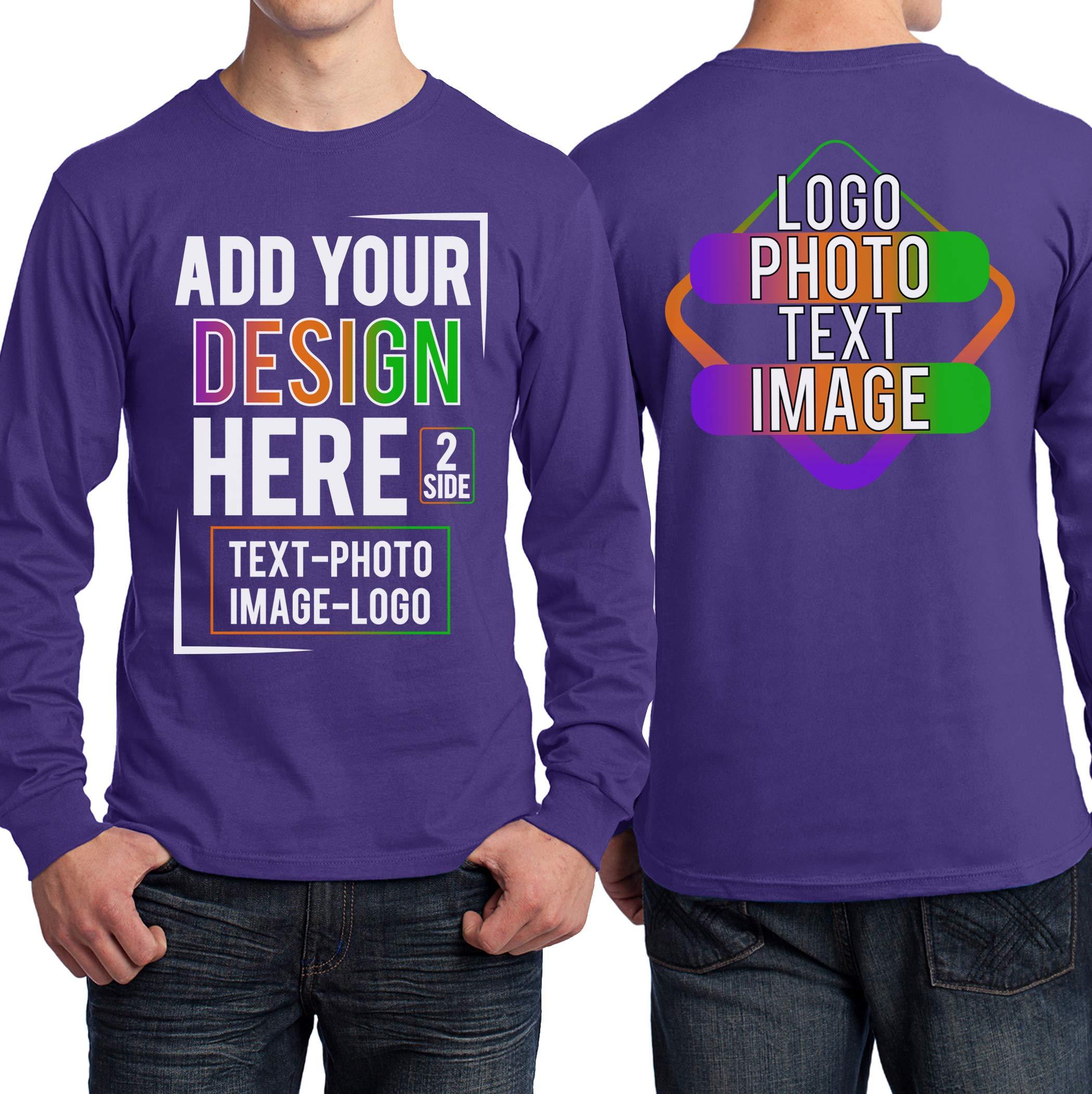 TEEAMORE Custom Long Sleeve Shirts Design Your Own Add Your Photo Image Text for Men Women Front & Back Side Purple
