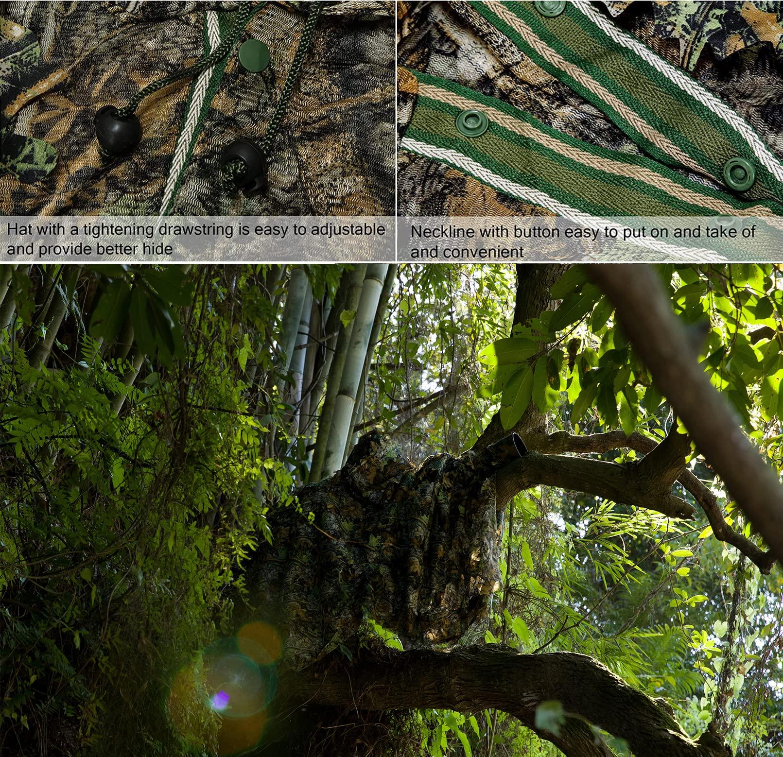 Ginsco Ginsco 3D Leafy Camo Poncho Camoflage Woodland Cape Lightweight Ghillie Suit for Men, Ghillie Hood for Turkey Hunting Bird Watching Military Training Outdoor Airsoft Wildlife Photography Halloween