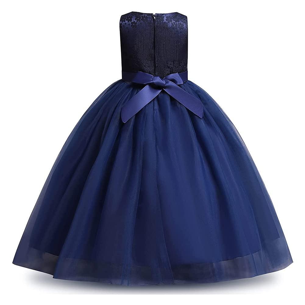 MYRISAM MYRISAM Girls Embroidered Lace Flower Dress Sleeveless Wedding Party Prom Princess Birthday Pageant Evening Long Tulle Gown Navy Blue 12-13T