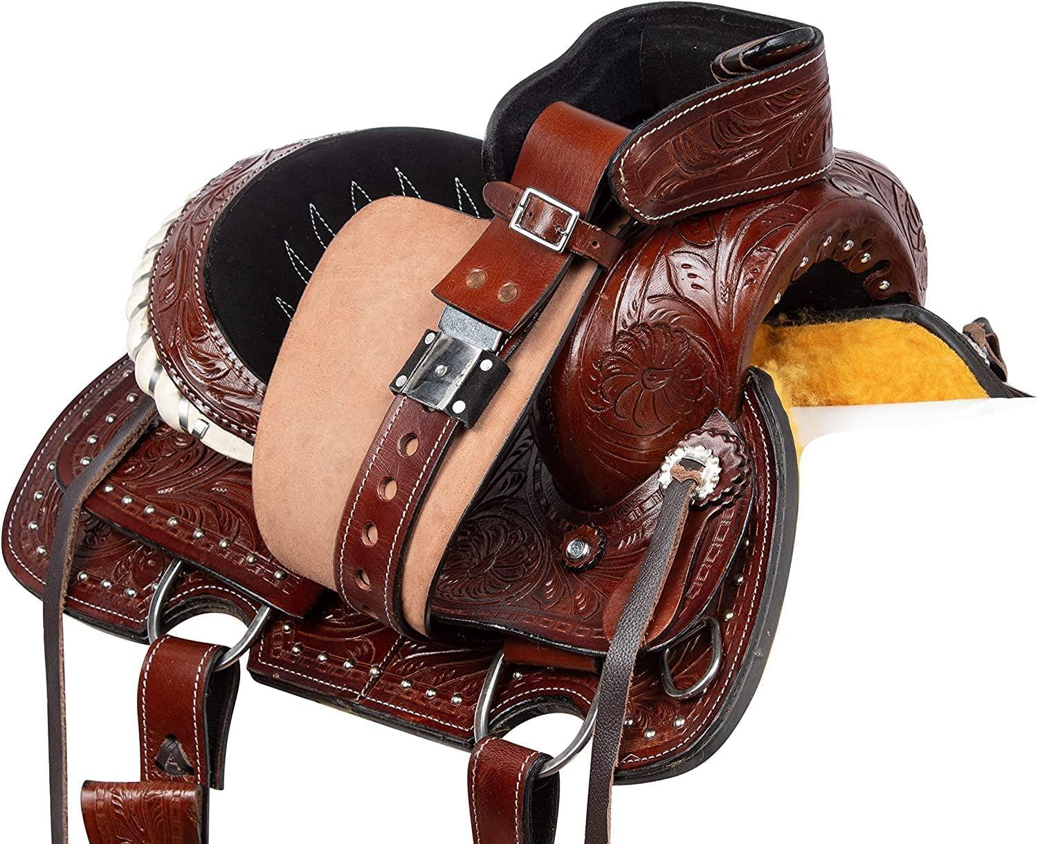 SHOWMEN CRAFT SHOWMEN CRAFT Barrel Racer Show Trail Riding Tooled Leather Western Saddle Tack Horse and Pony Size 14 Inches Seat